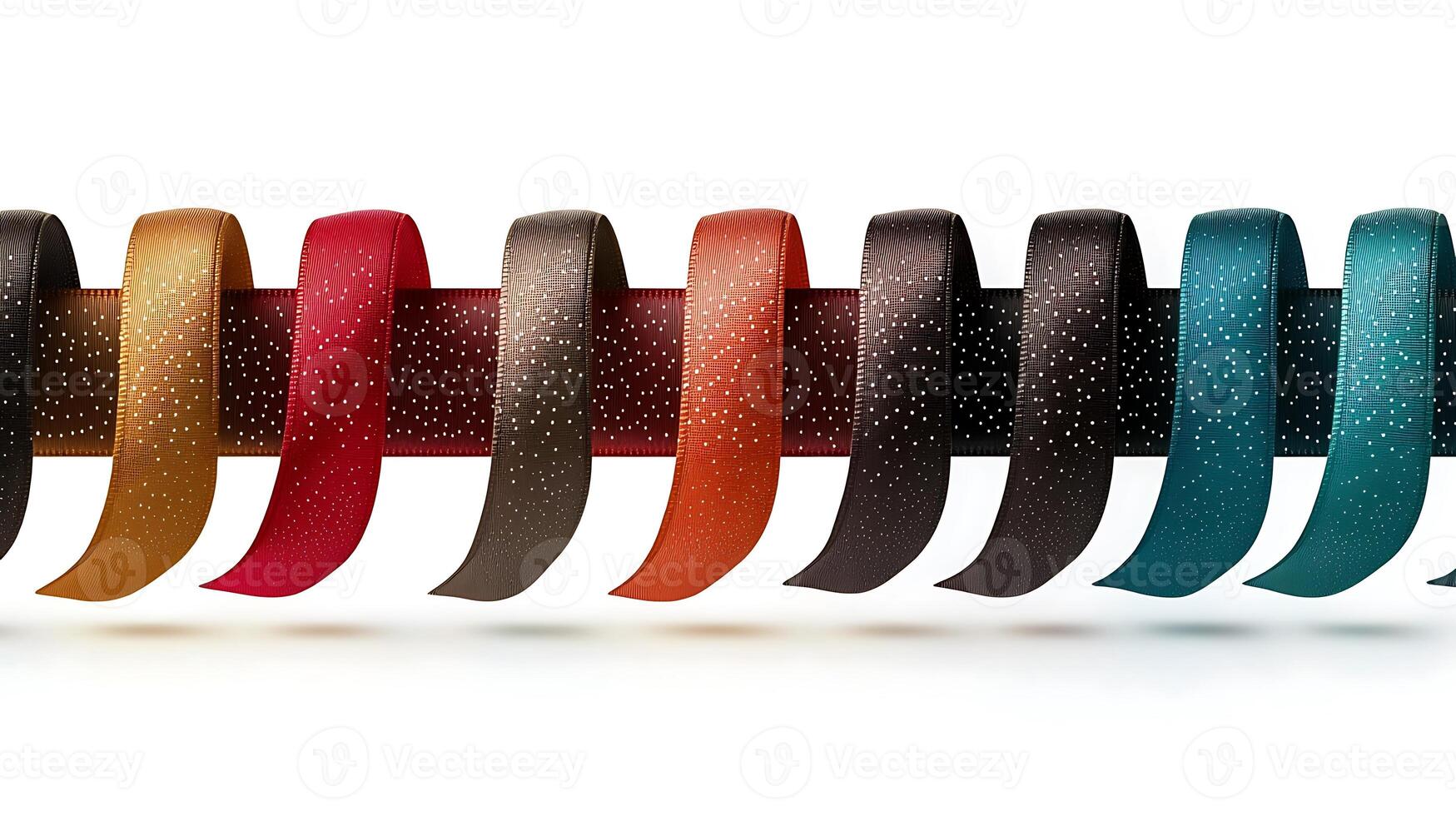Colorful assortment of textured ribbons arranged in a row, showcasing various shades and patterns photo