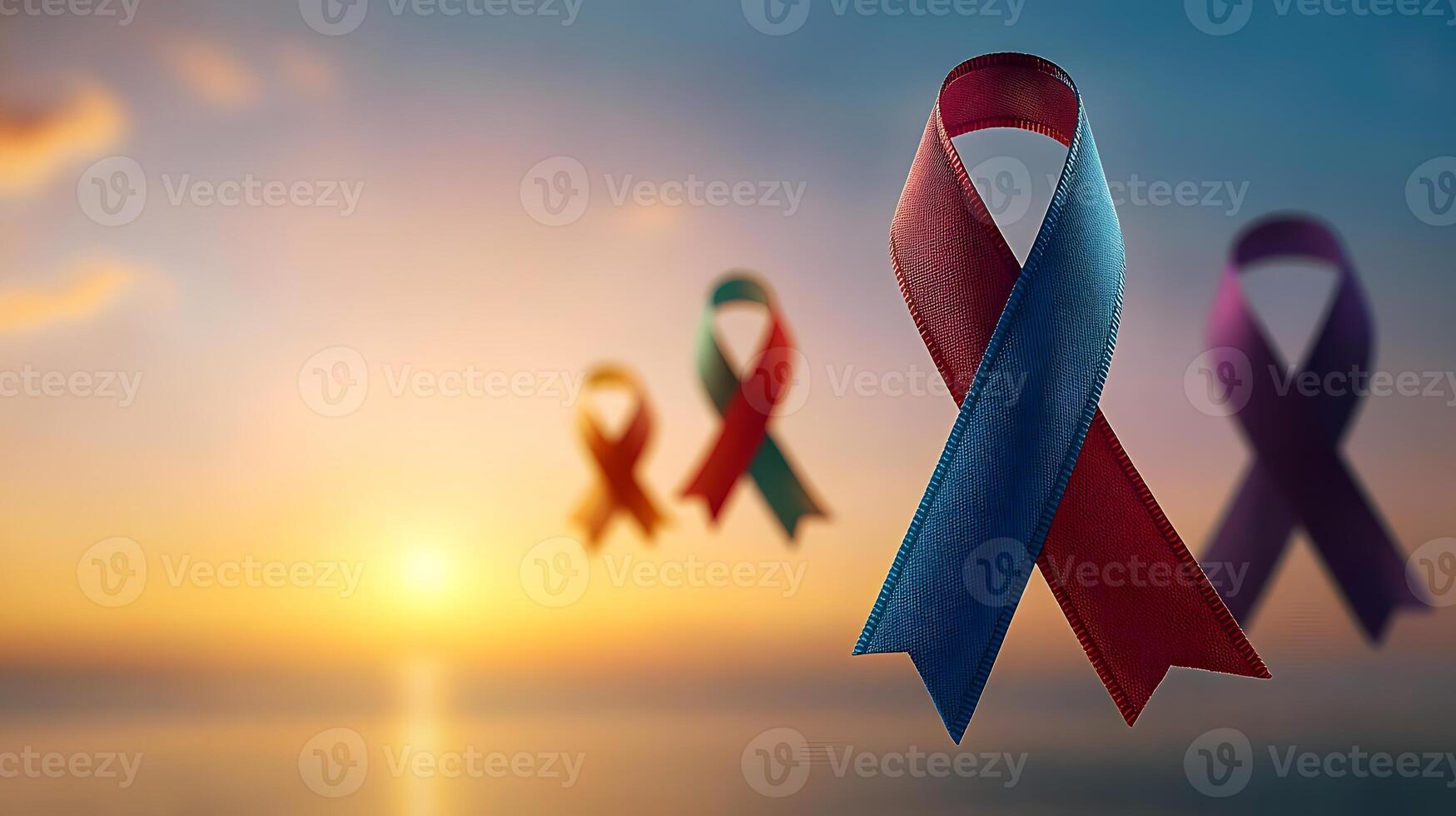 Colorful awareness ribbons against a sunset backdrop symbolizing hope and unity in community photo