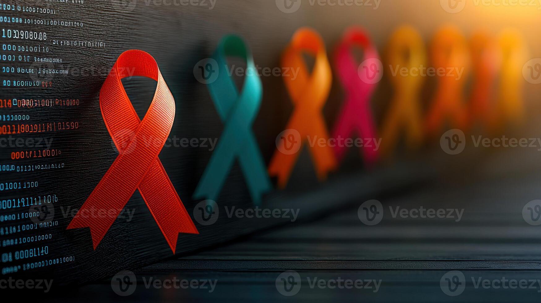 Colorful awareness ribbons displayed on a wooden surface, symbolizing various causes, with soft lighting photo