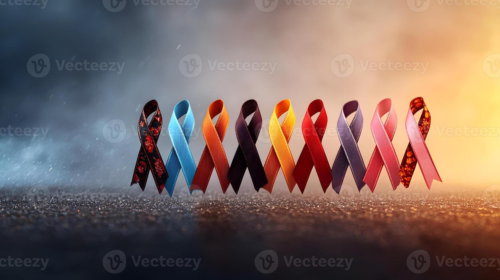Colorful awareness ribbons arranged in a row against a dramatic smoky background, symbolizing various causes photo