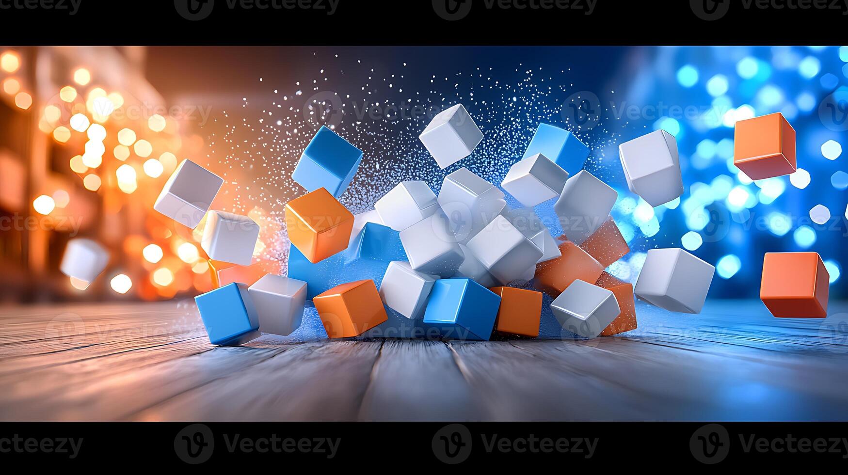 Colorful blocks in motion create a dynamic scene with blurred lights in the background photo
