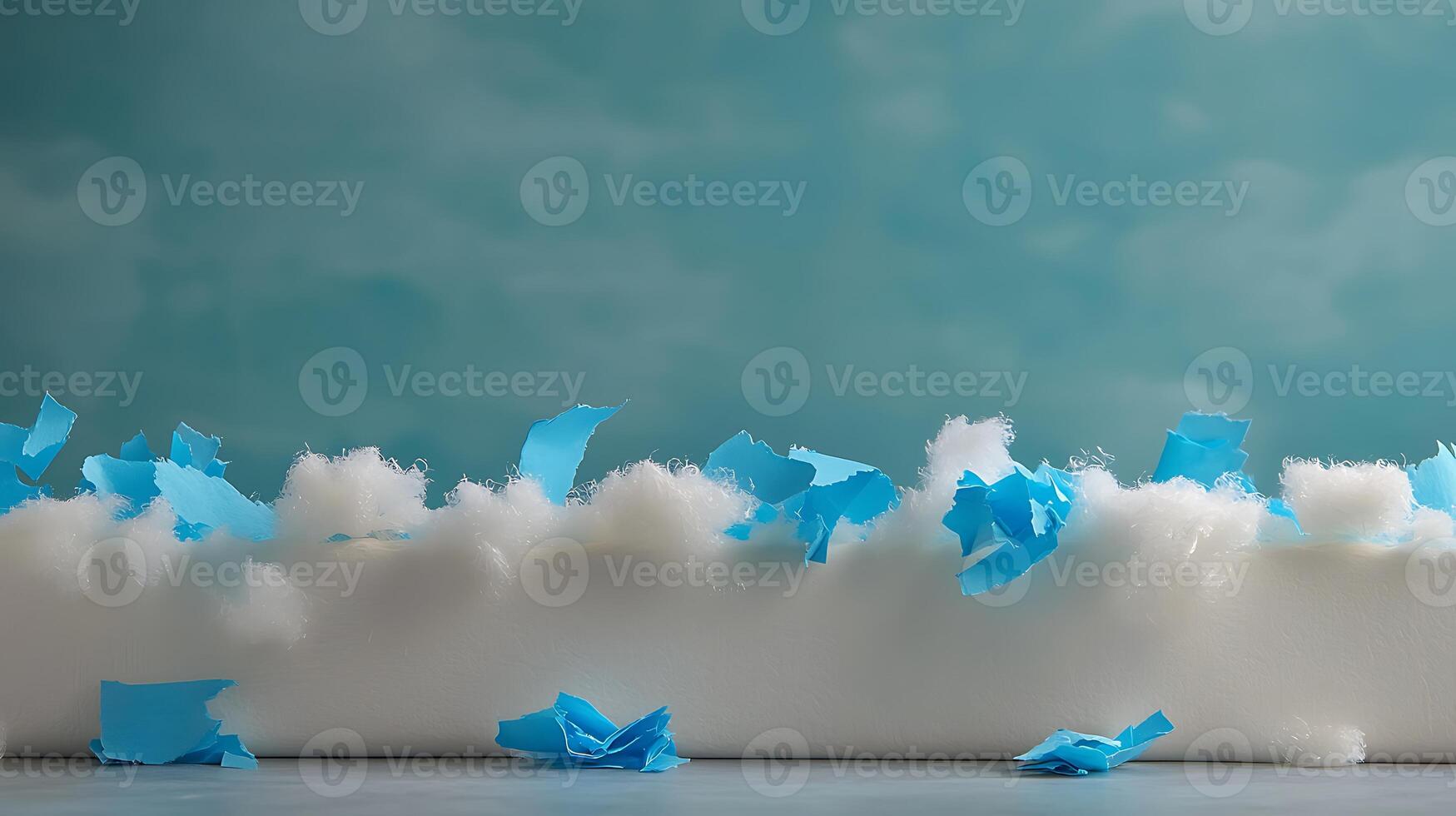Colorful blue paper pieces and fluffy white material on a textured background, creating a playful scene photo