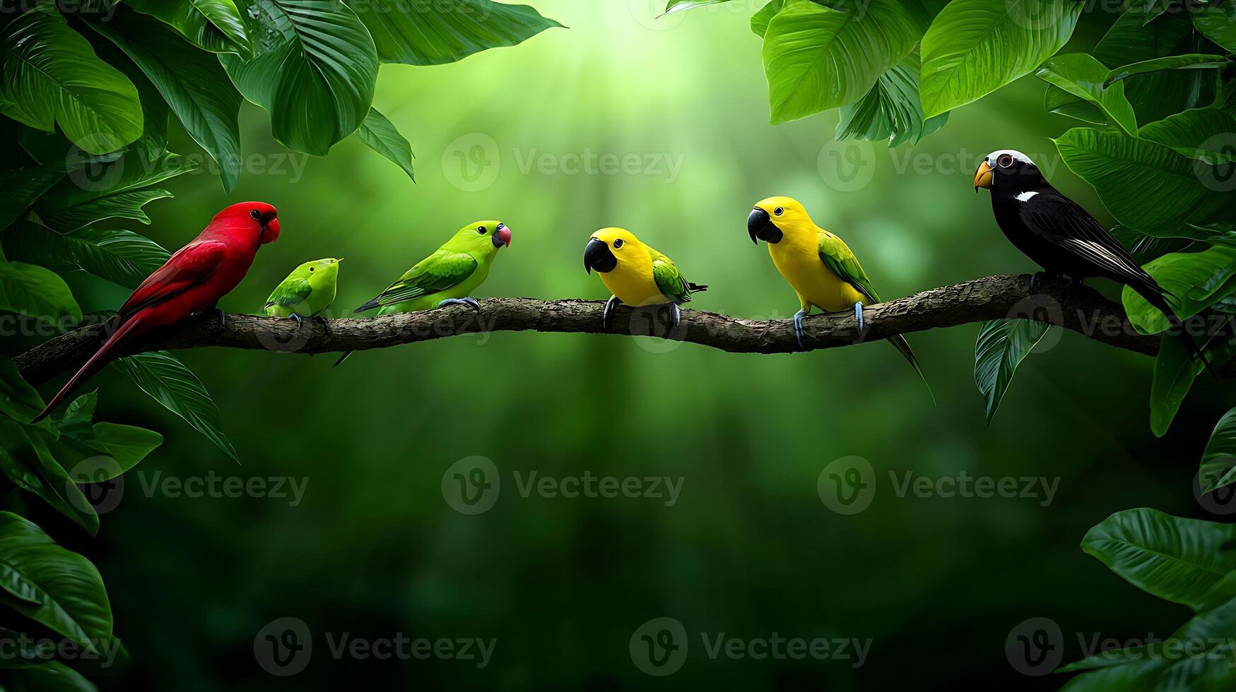 Colorful birds perched on a branch in a lush green forest with light filtering through leaves photo