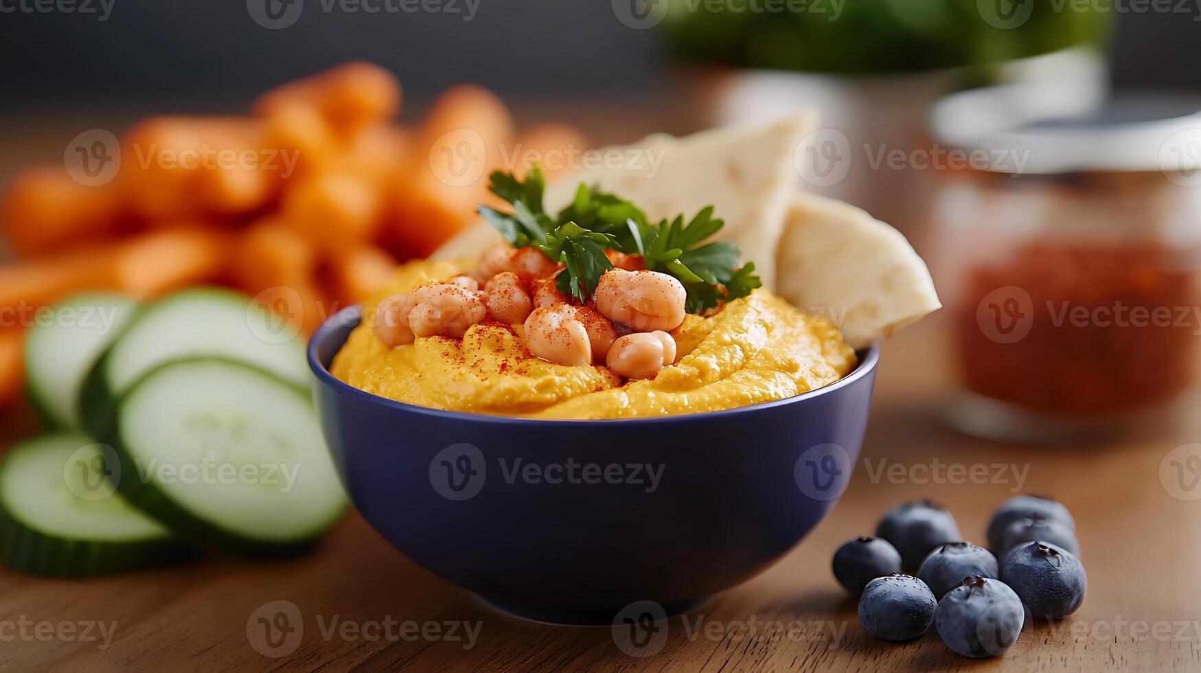 Colorful bowl of hummus garnished with herbs, surrounded by fresh vegetables and snacks photo