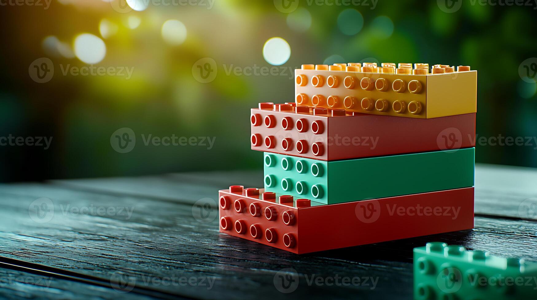 Colorful building blocks arranged on a wooden surface with a blurred green background photo