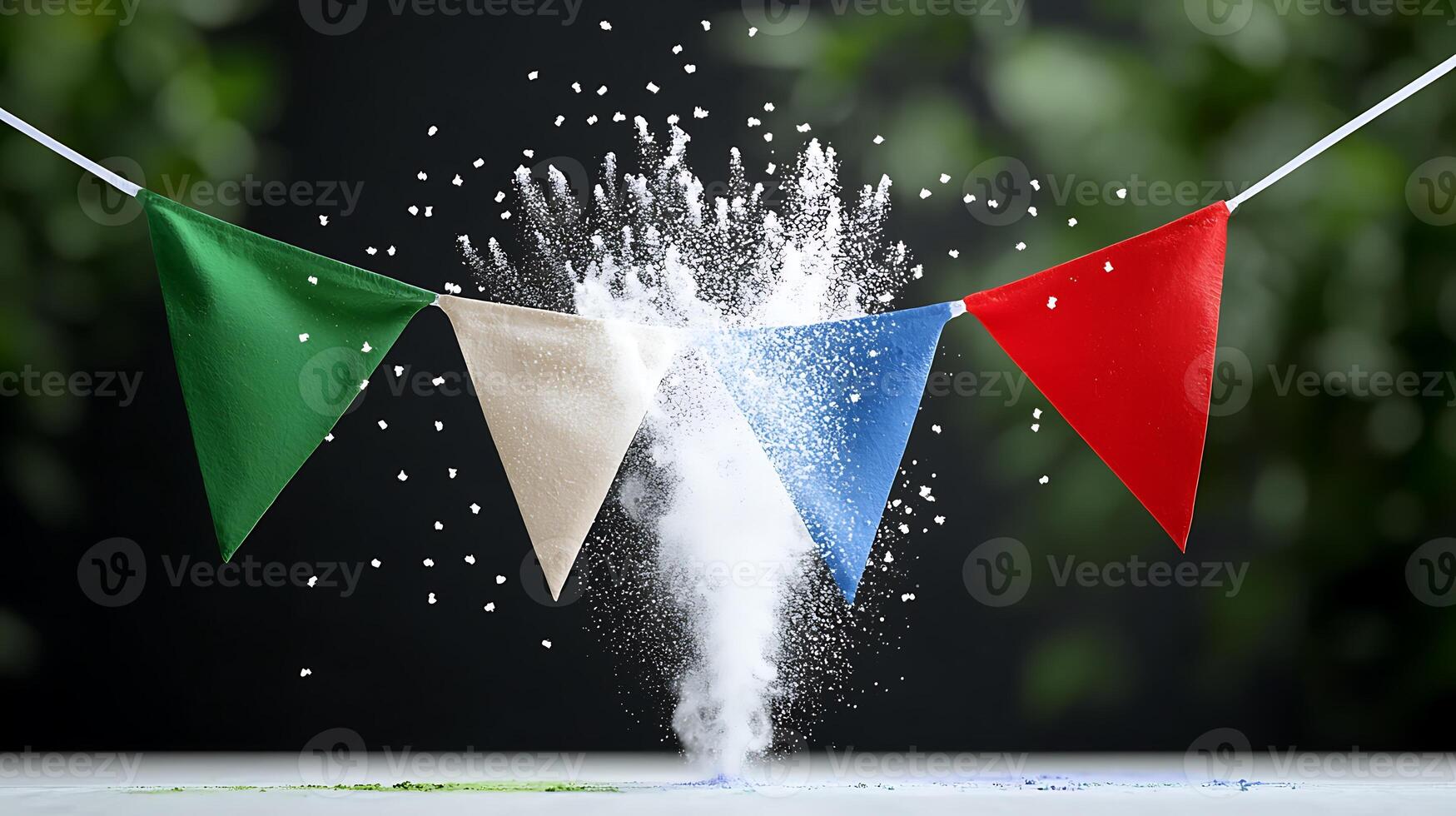 Colorful bunting flags create a festive atmosphere as a cloud of powder bursts in a garden photo