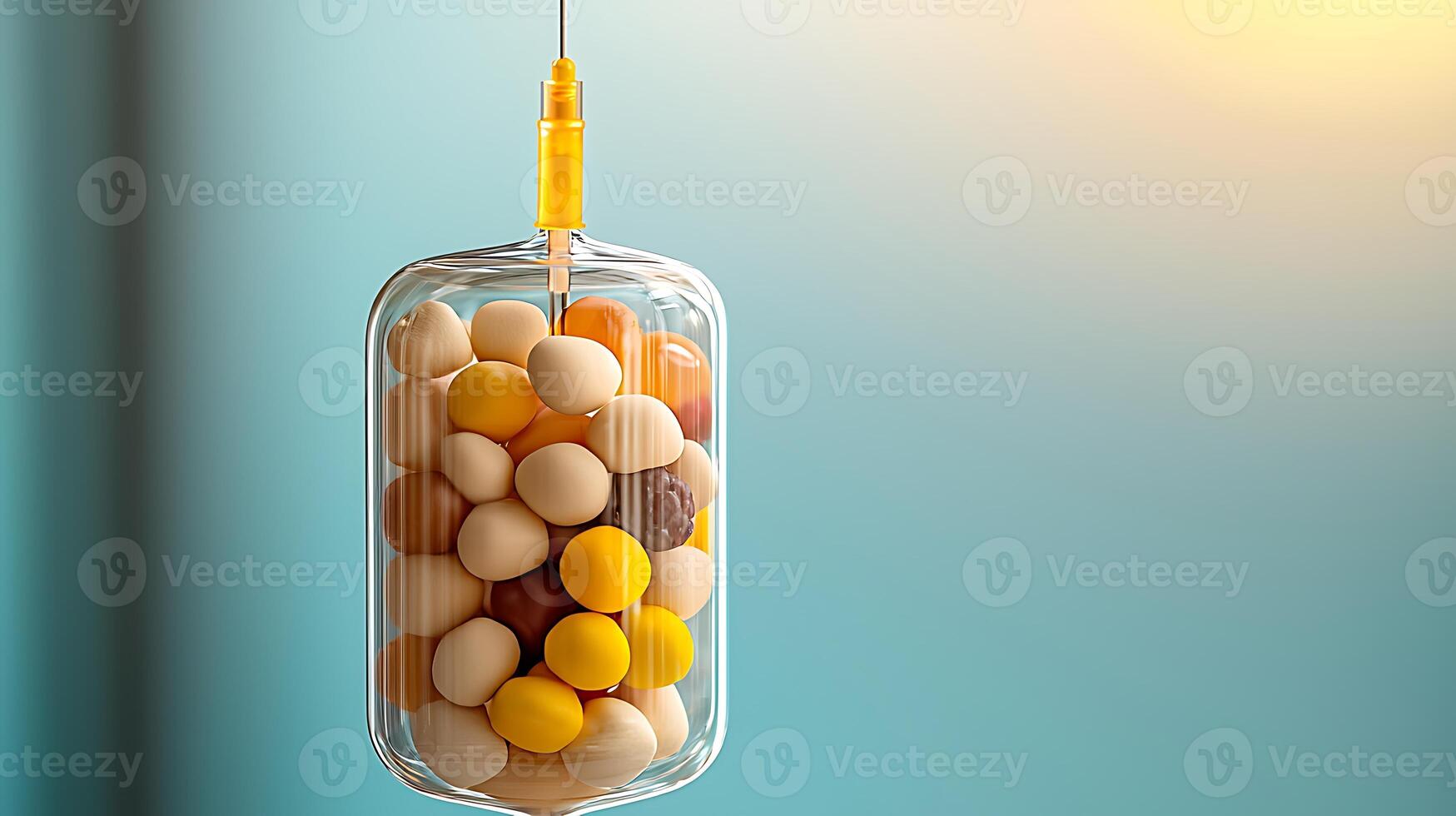 Colorful candy balls suspended in a glass container against a soft gradient background photo