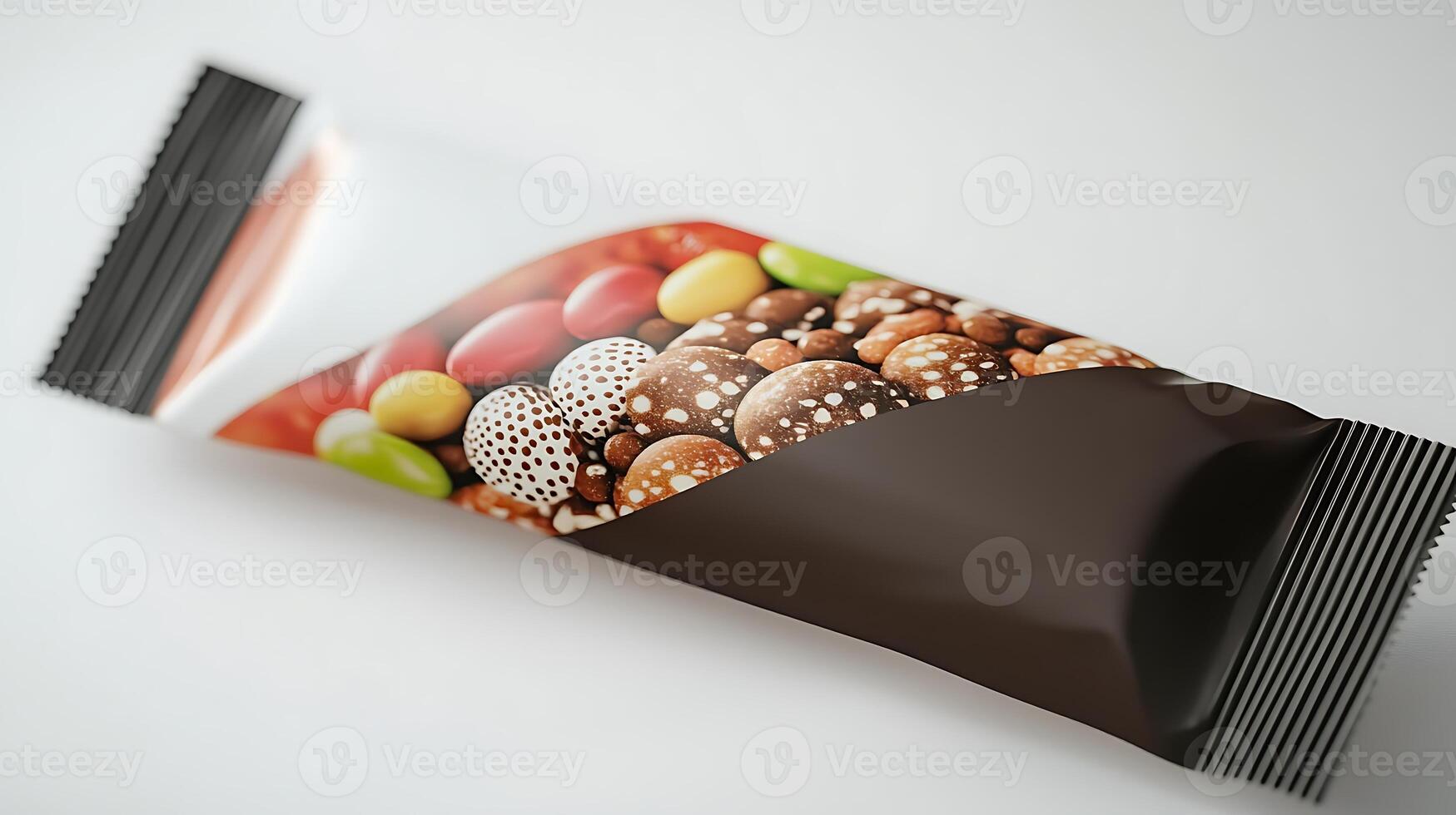 Colorful candy bar packaging featuring various chocolates and candies on a clean background photo