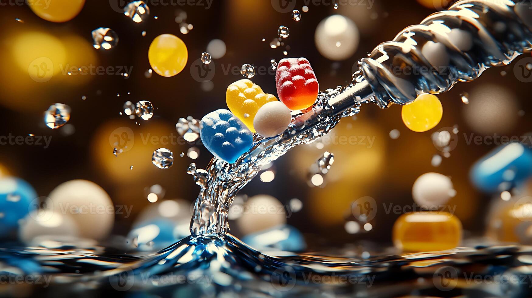 Colorful candy-like pills splashing into water with vibrant bokeh background, creating a dynamic scene photo