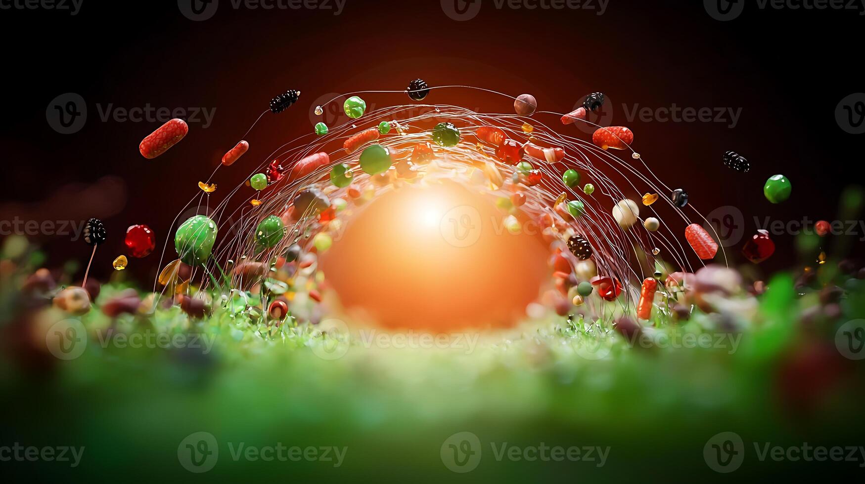 Colorful capsules and pills floating in a vibrant environment with a glowing orb in the background photo