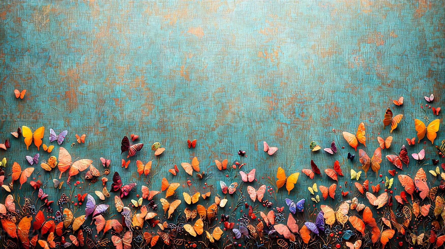 Colorful butterflies arranged on an artistic background, creating a vibrant and lively scene photo