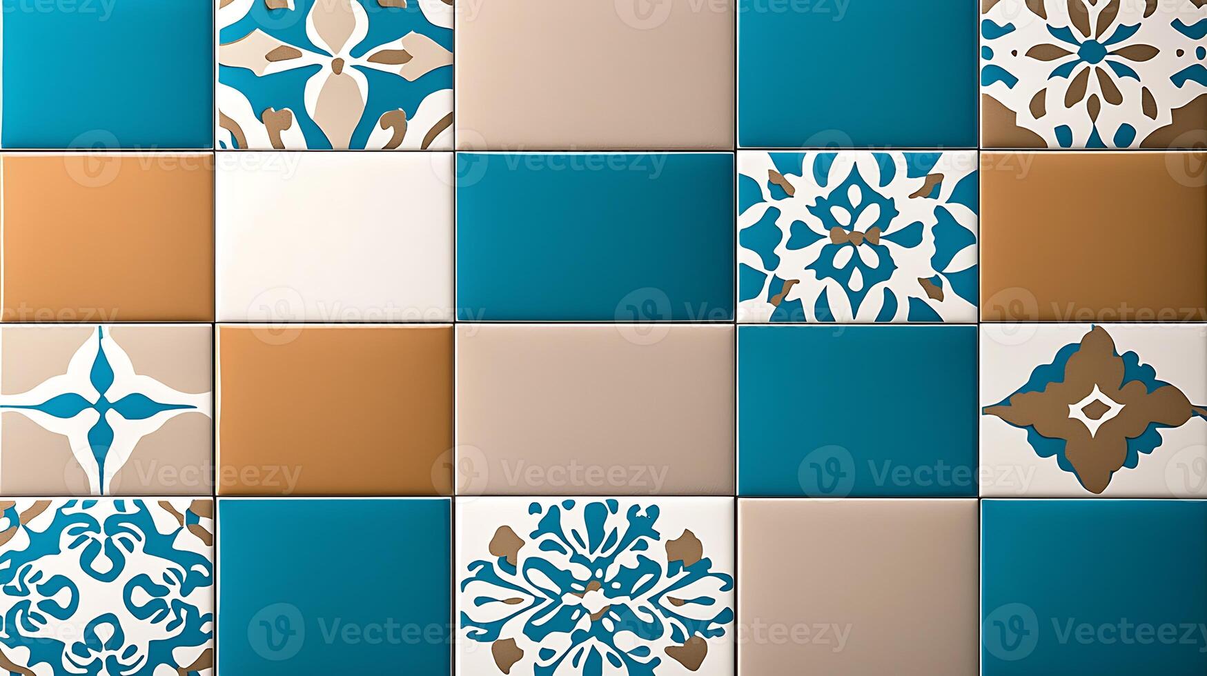 Colorful ceramic tiles arranged in a geometric pattern, showcasing intricate designs and textures photo