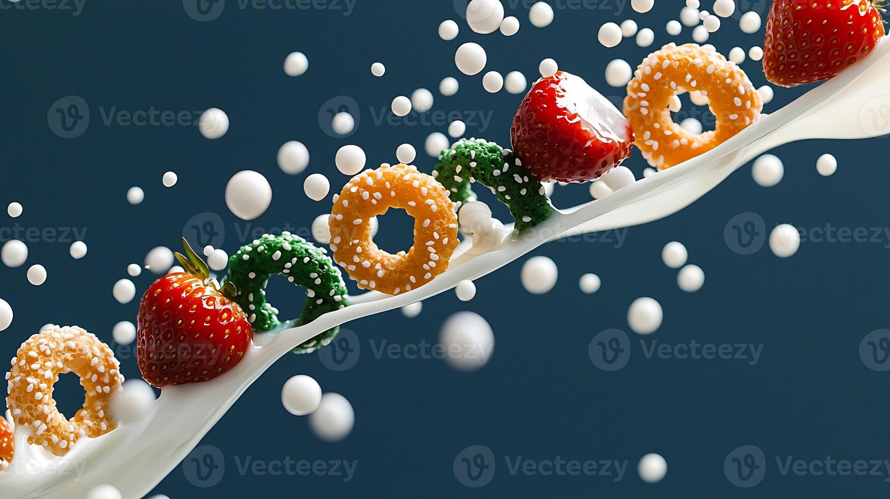 Colorful cereal rings and fresh strawberries cascading in milk, creating a vibrant splash effect photo