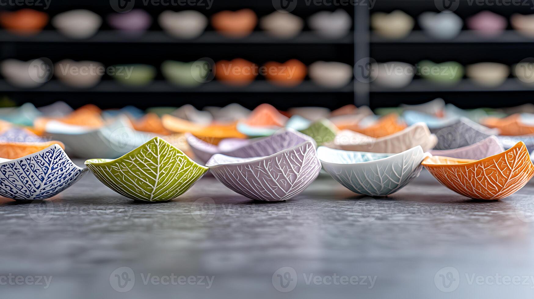 Colorful ceramic bowls arranged artistically on a textured surface, with a blurred background display photo