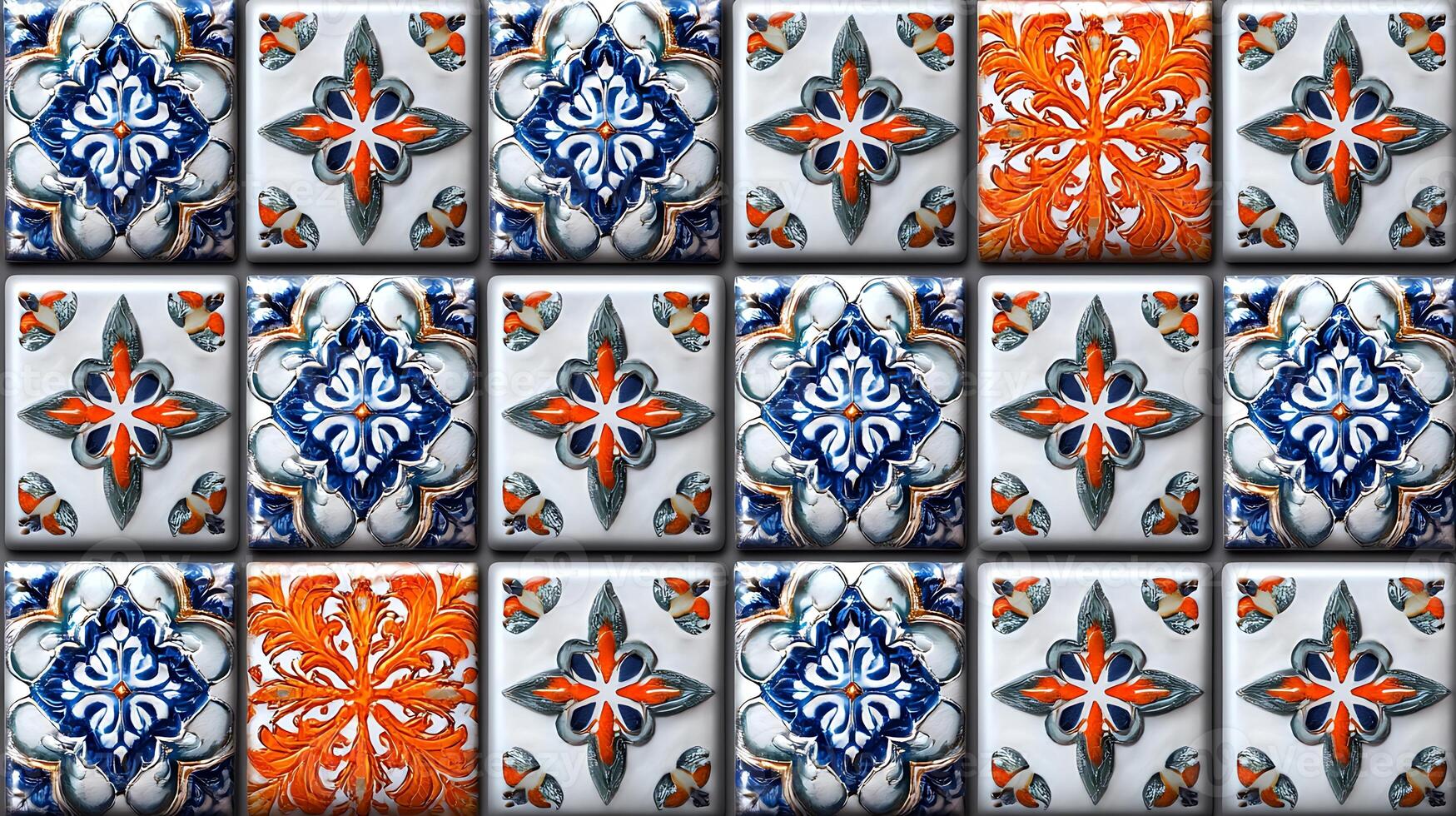 Colorful ceramic tiles featuring intricate floral patterns in a symmetrical arrangement photo