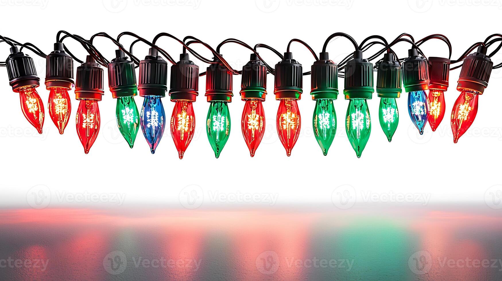Colorful Christmas lights hanging in a row, reflecting on a smooth surface with a bright background photo
