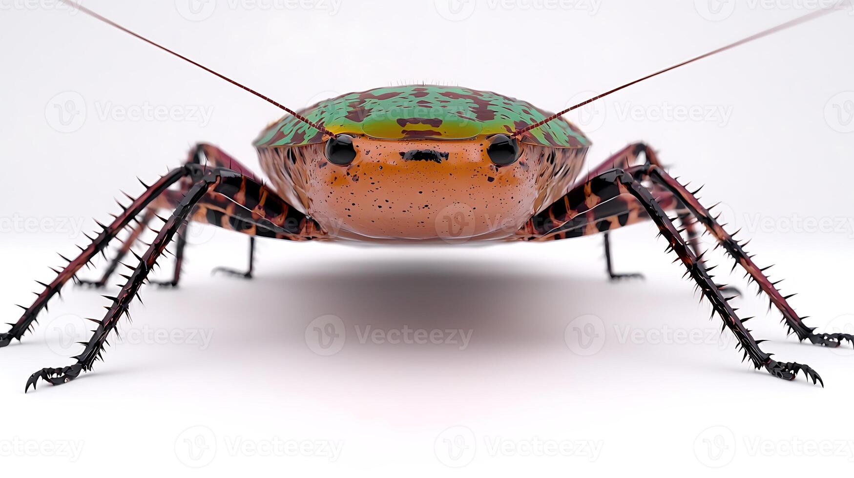Colorful close-up of a vibrant insect with detailed textures against a white background photo