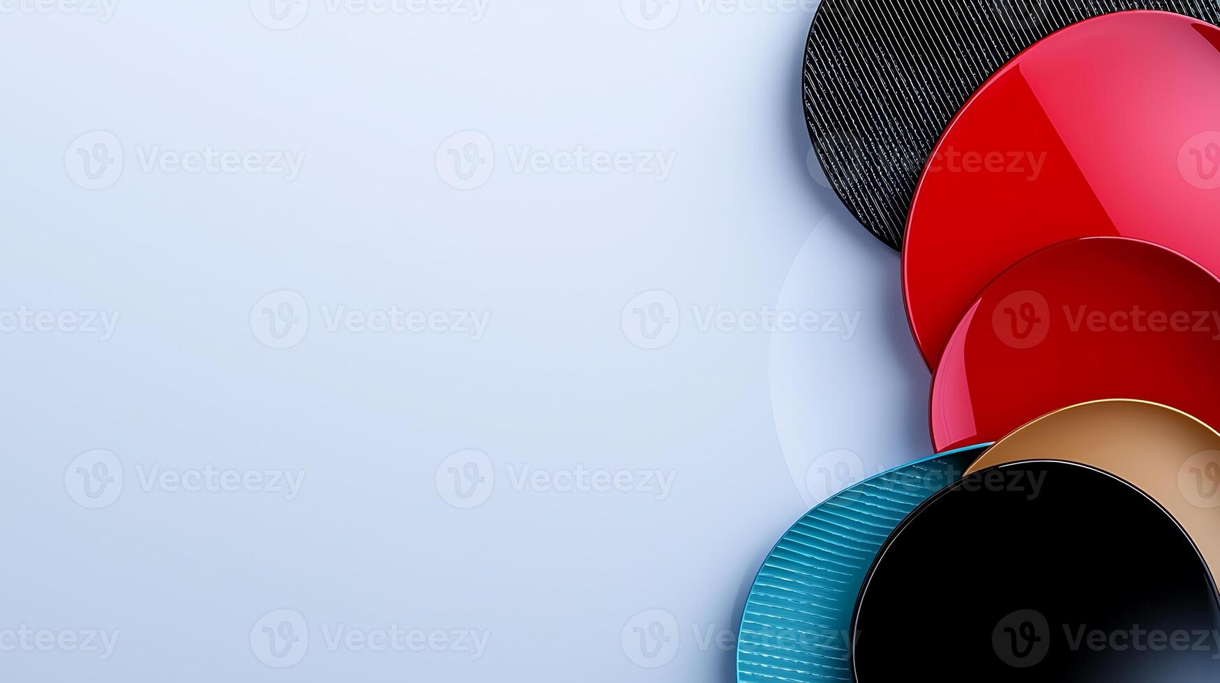 Colorful collection of circular plates arranged artistically on a smooth surface, showcasing vibrant hues photo