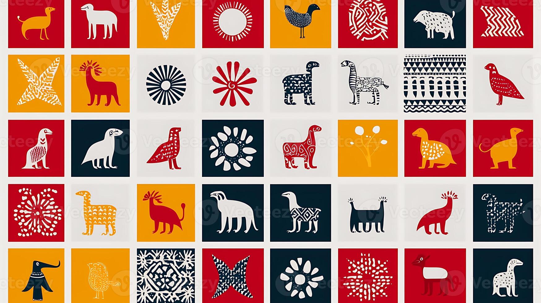 Colorful collage of animal illustrations featuring various patterns and designs on a grid layout photo
