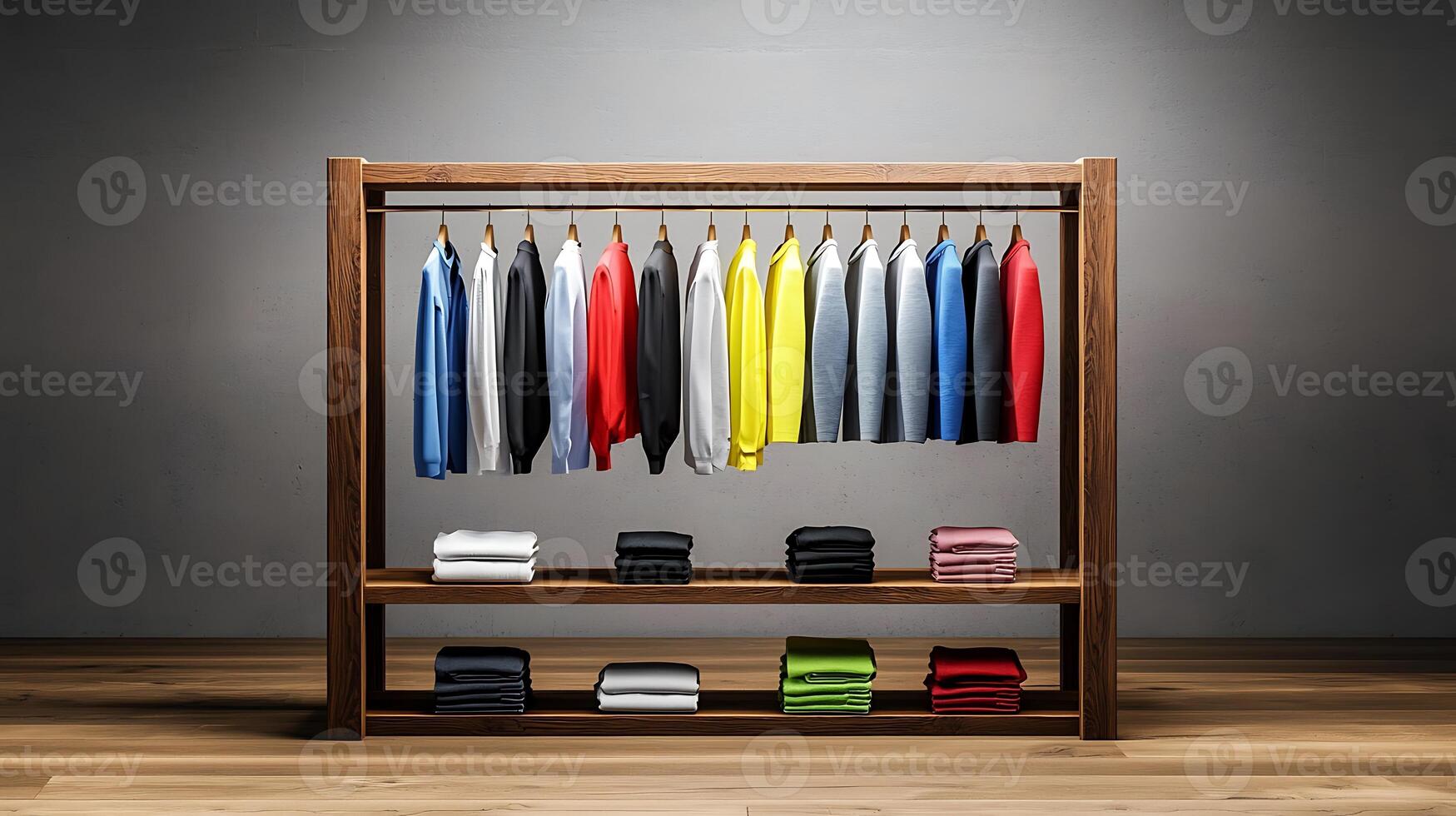 Colorful clothing display on a wooden rack in a minimalist interior with soft lighting photo