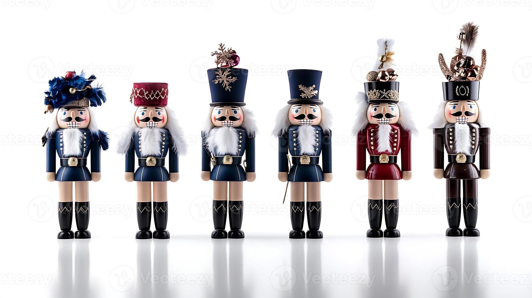 Colorful collection of nutcracker figurines in festive attire displayed on a clean white background photo