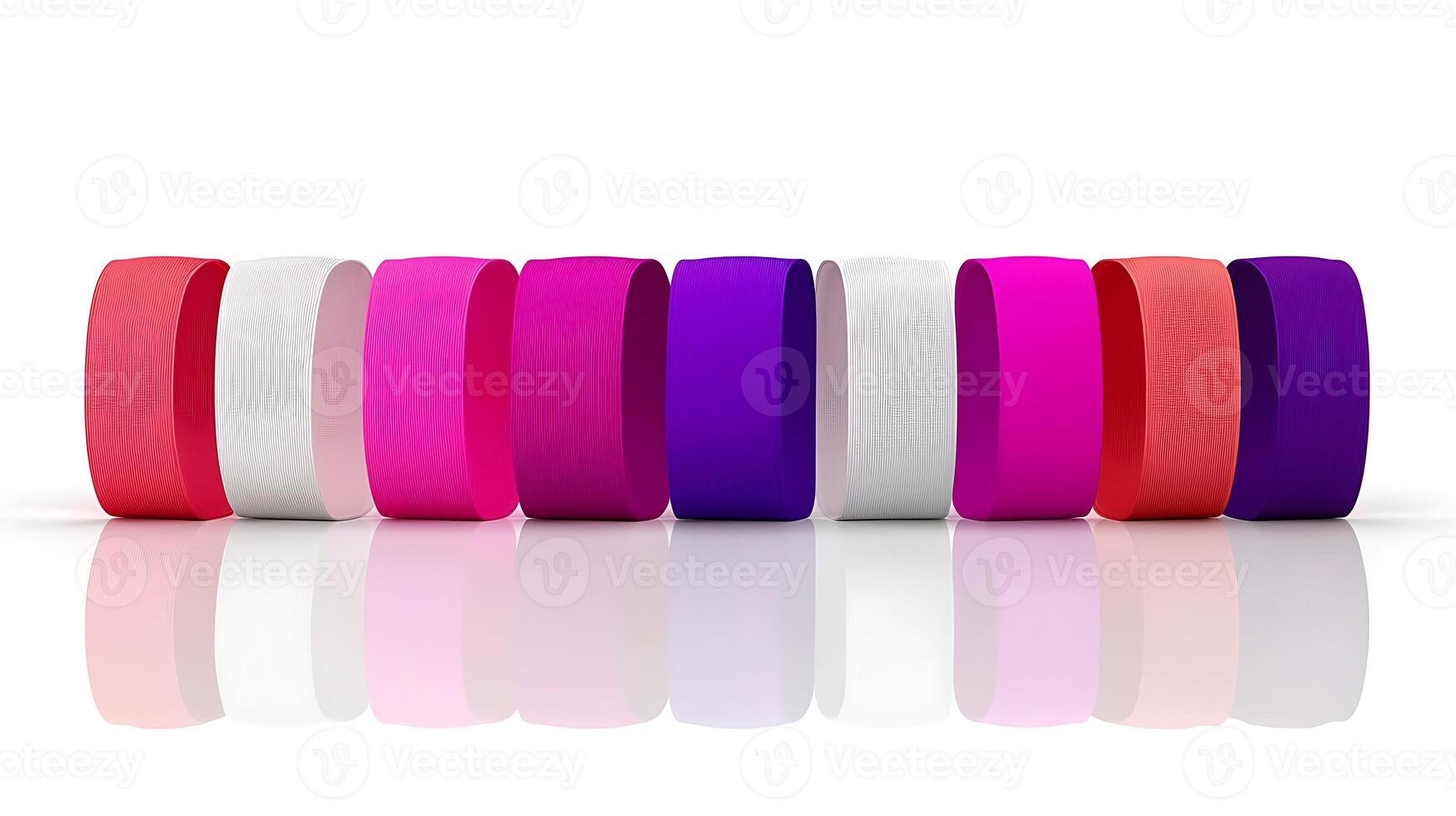 Colorful collection of rubber bands arranged in a row on a reflective surface photo