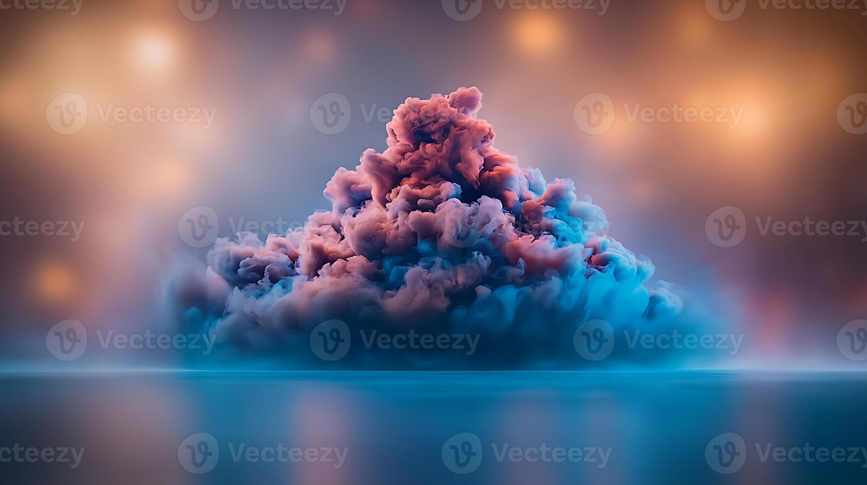 Colorful cloud formation rising over a tranquil water surface, with soft lights in the background photo