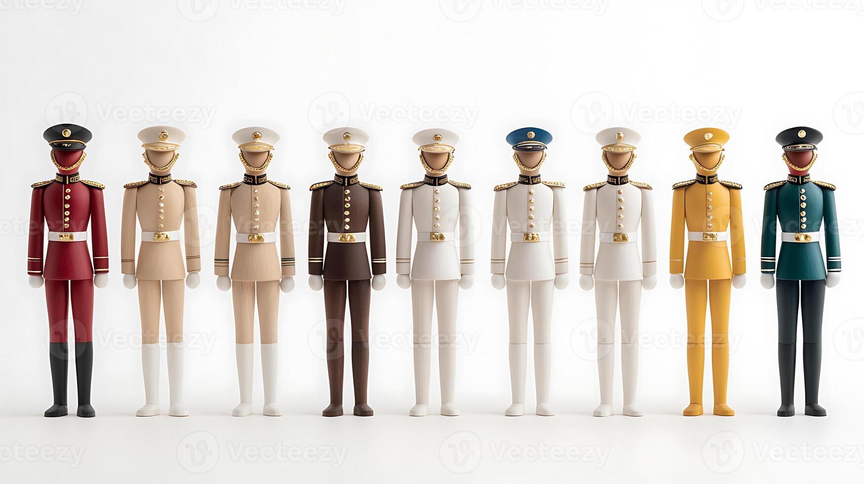 Colorful collection of toy soldiers in various uniforms standing in a row against a white background photo