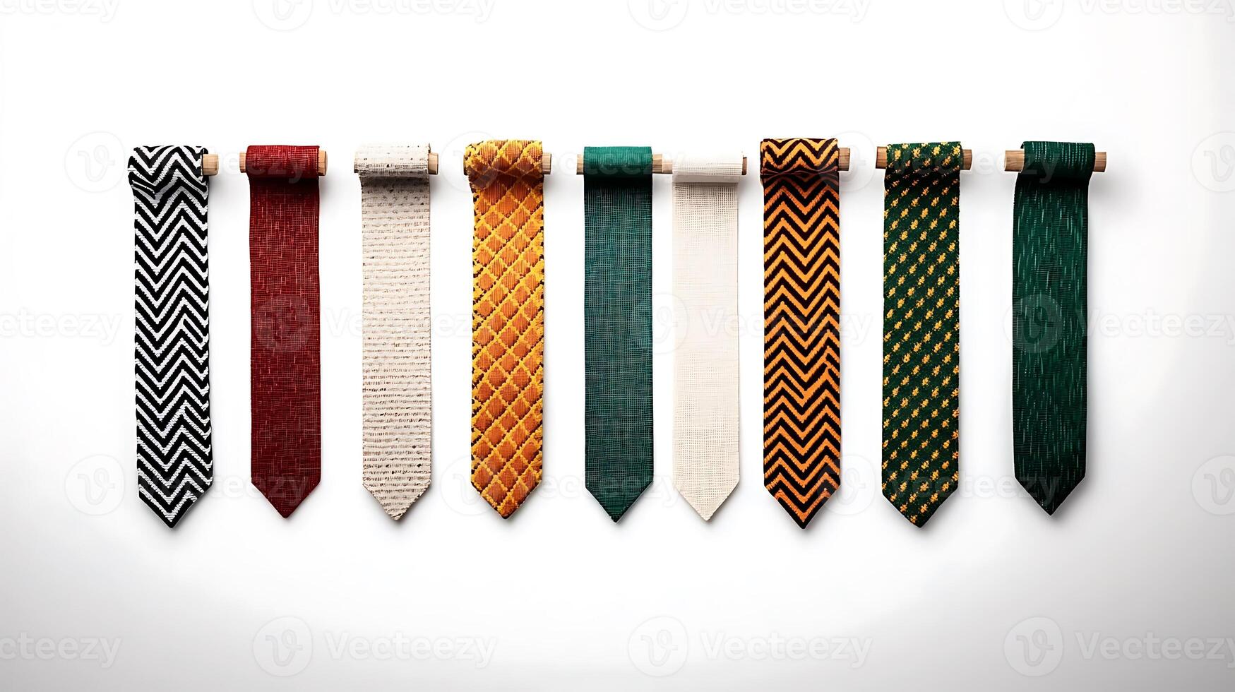 Colorful collection of ties arranged neatly on a white background showcasing various patterns photo