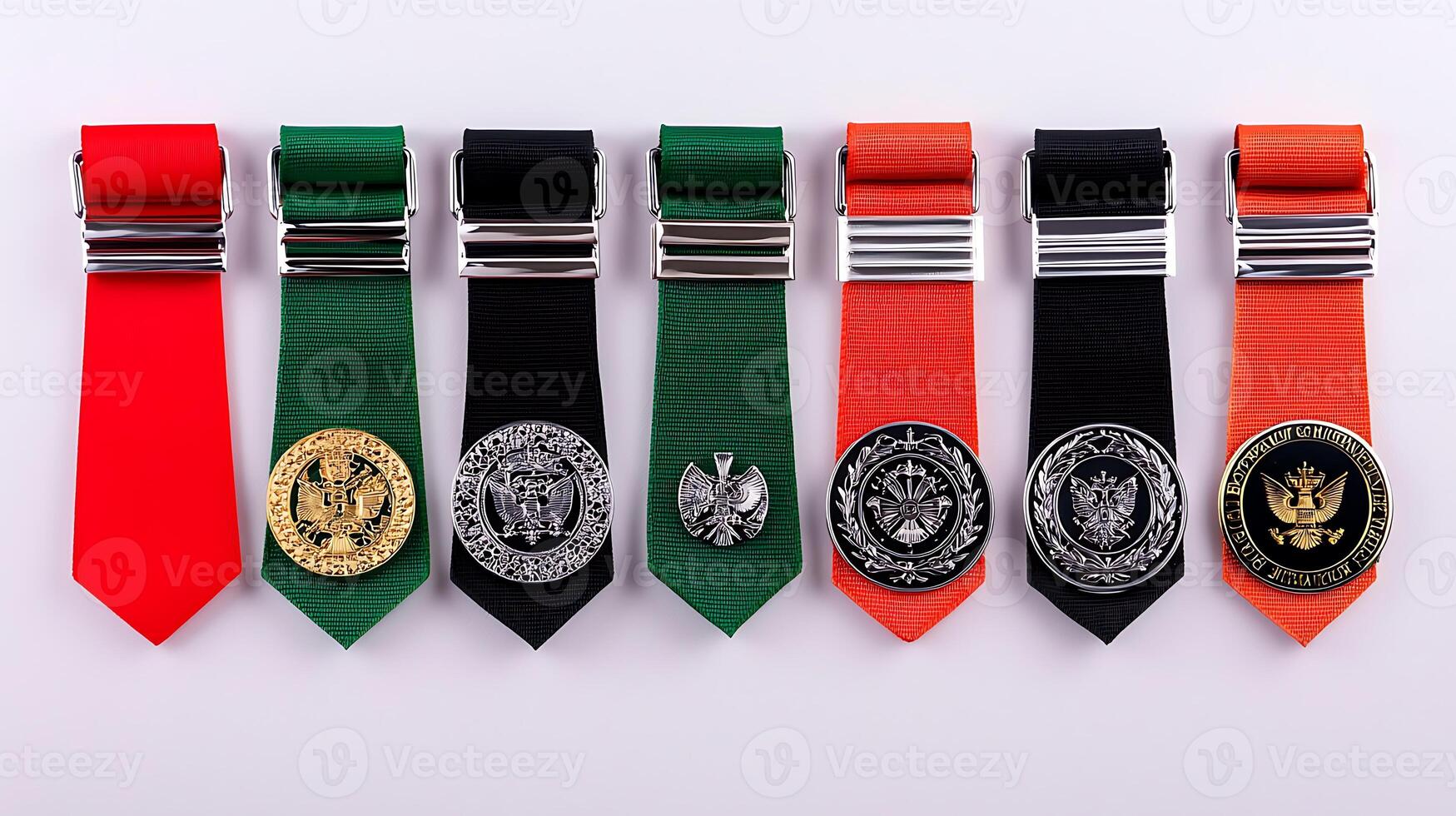 Colorful collection of military-style ribbons with various medals displayed on a white background photo