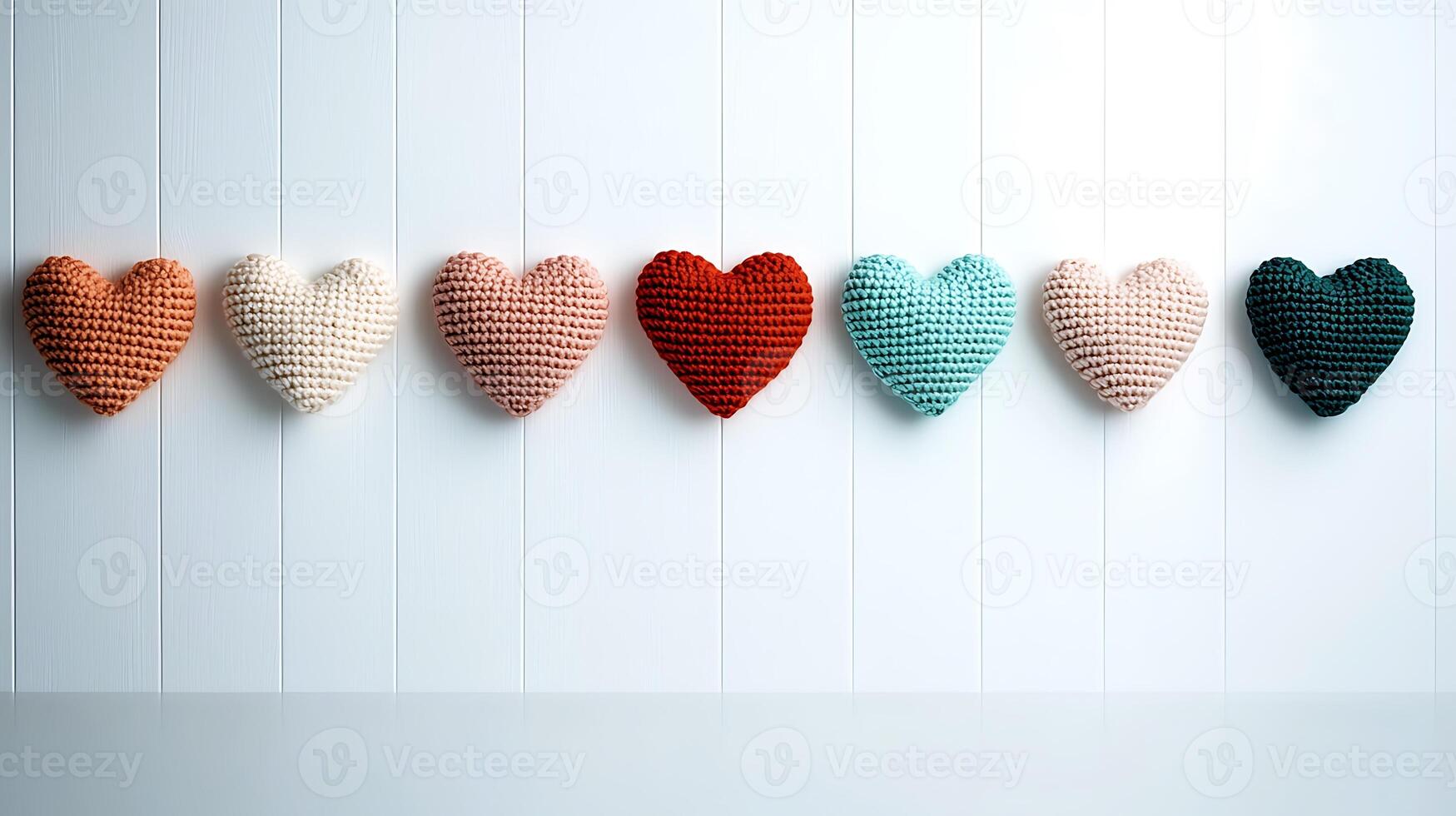 Colorful crocheted heart decorations arranged in a row against a white wooden background photo
