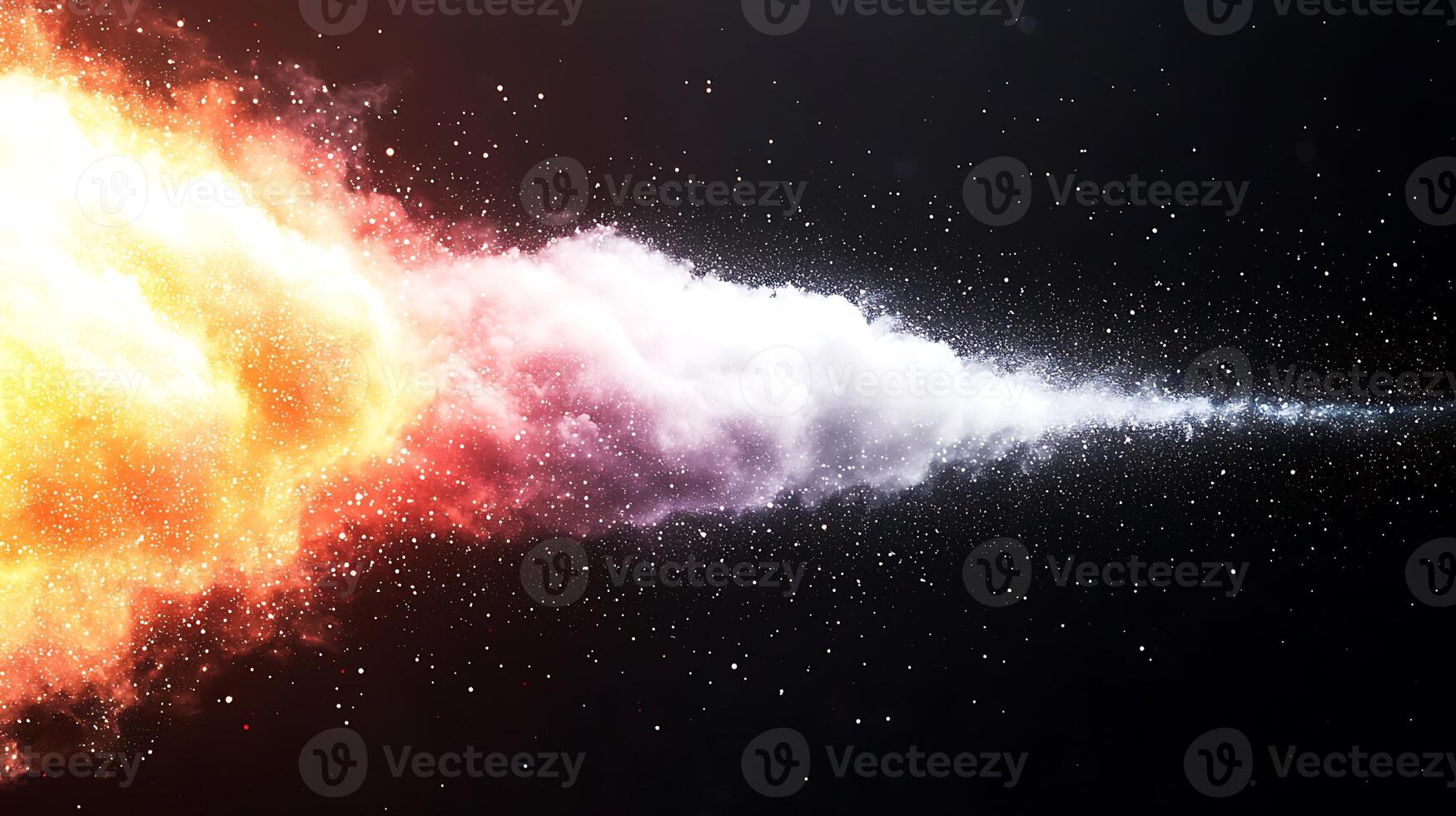 Colorful cosmic explosion with fiery clouds and stardust in a dark space background photo