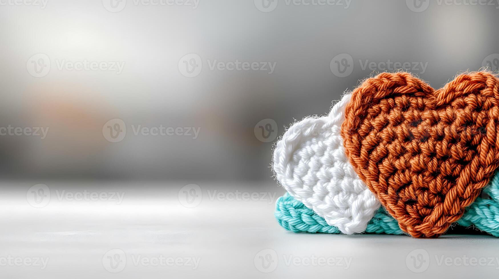 Colorful crocheted hearts arranged on a soft surface, with a blurred cozy background photo