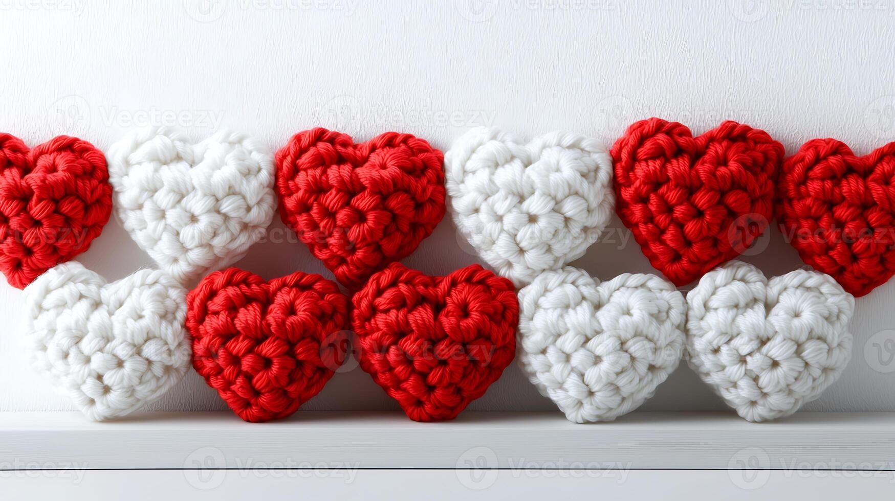Colorful crochet hearts in red and white arranged decoratively on a shelf against a plain background photo