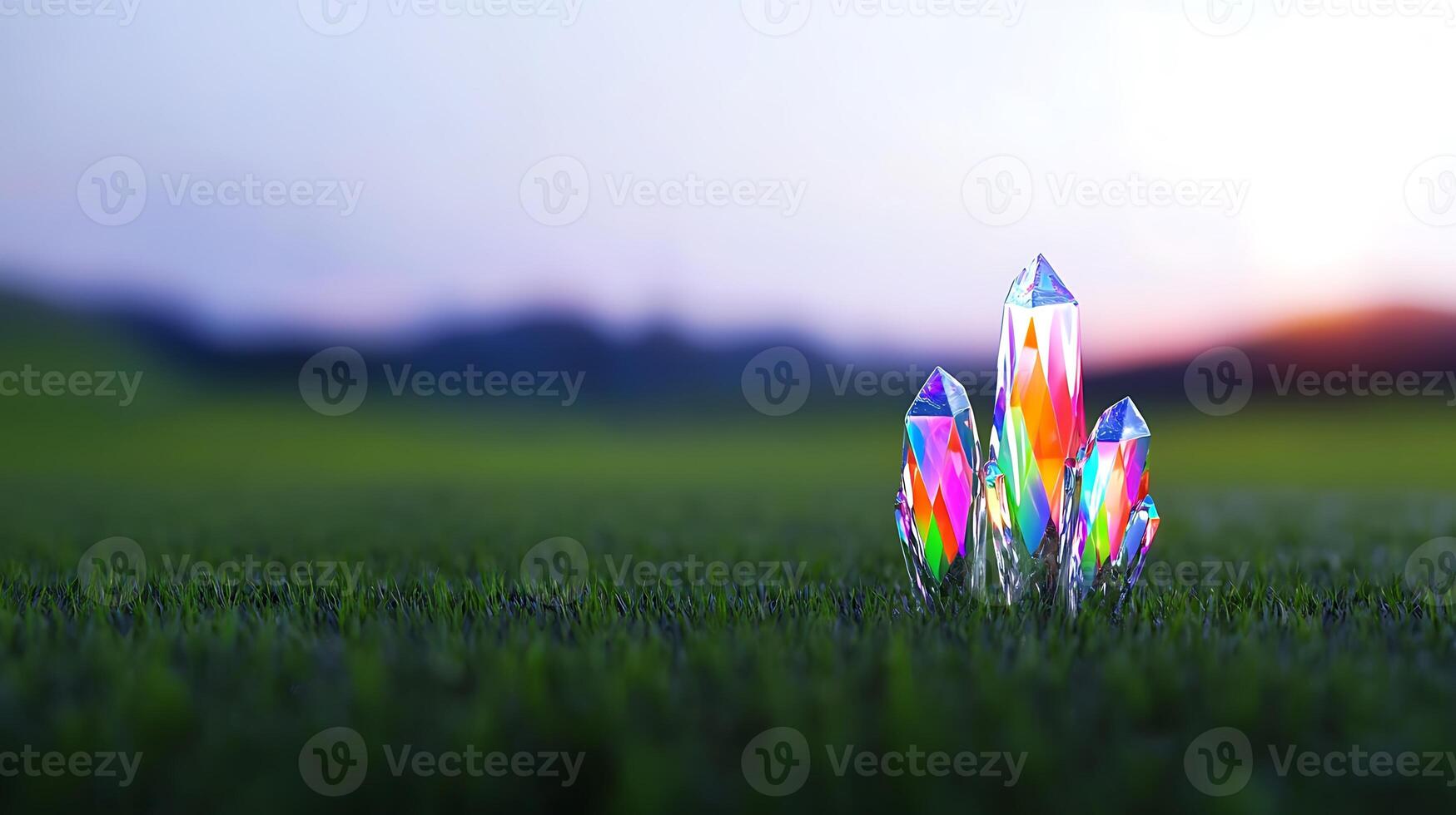 Colorful crystal formations on vibrant green grass under a soft sunset sky in a tranquil landscape photo