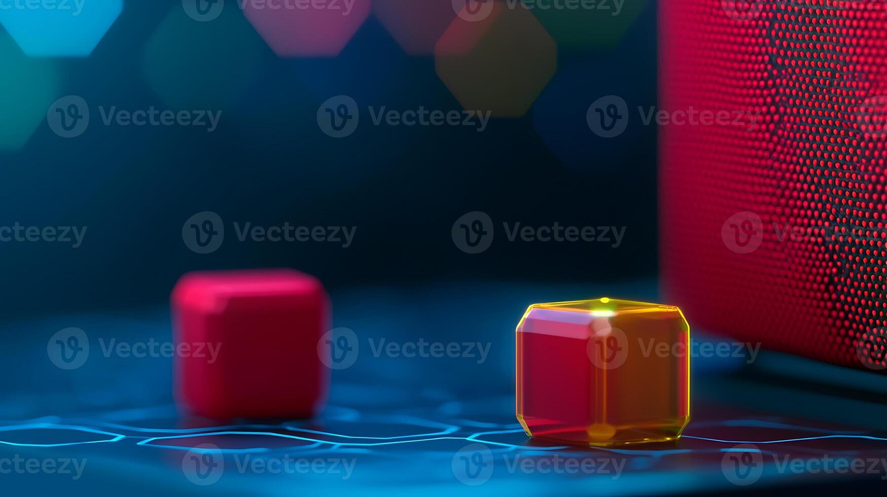 Colorful cubes on a digital surface with blurred lights creating a vibrant background photo