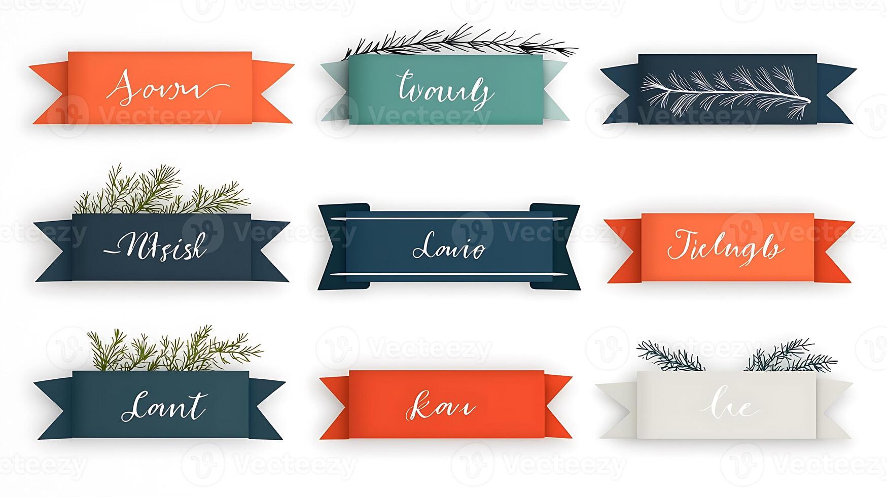 Colorful decorative banners with handwritten words and greenery accents on a white background photo