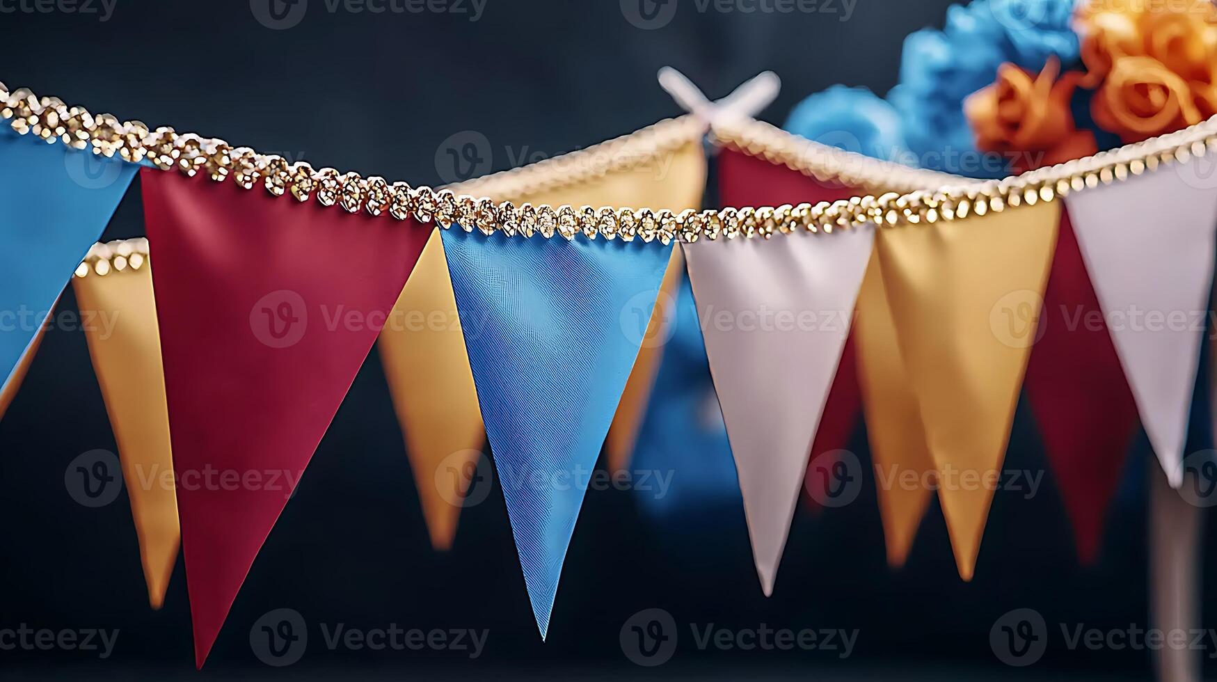 Colorful decorative bunting with flowers in a festive setting, creating a joyful atmosphere photo