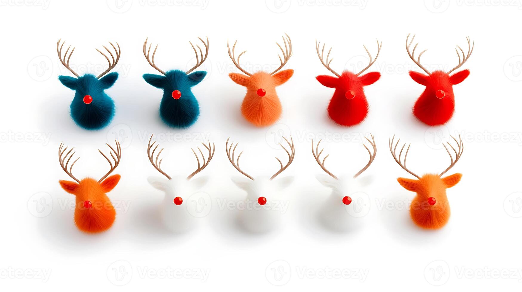 Colorful decorative reindeer heads arranged in two rows, showcasing vibrant hues against a white backdrop photo