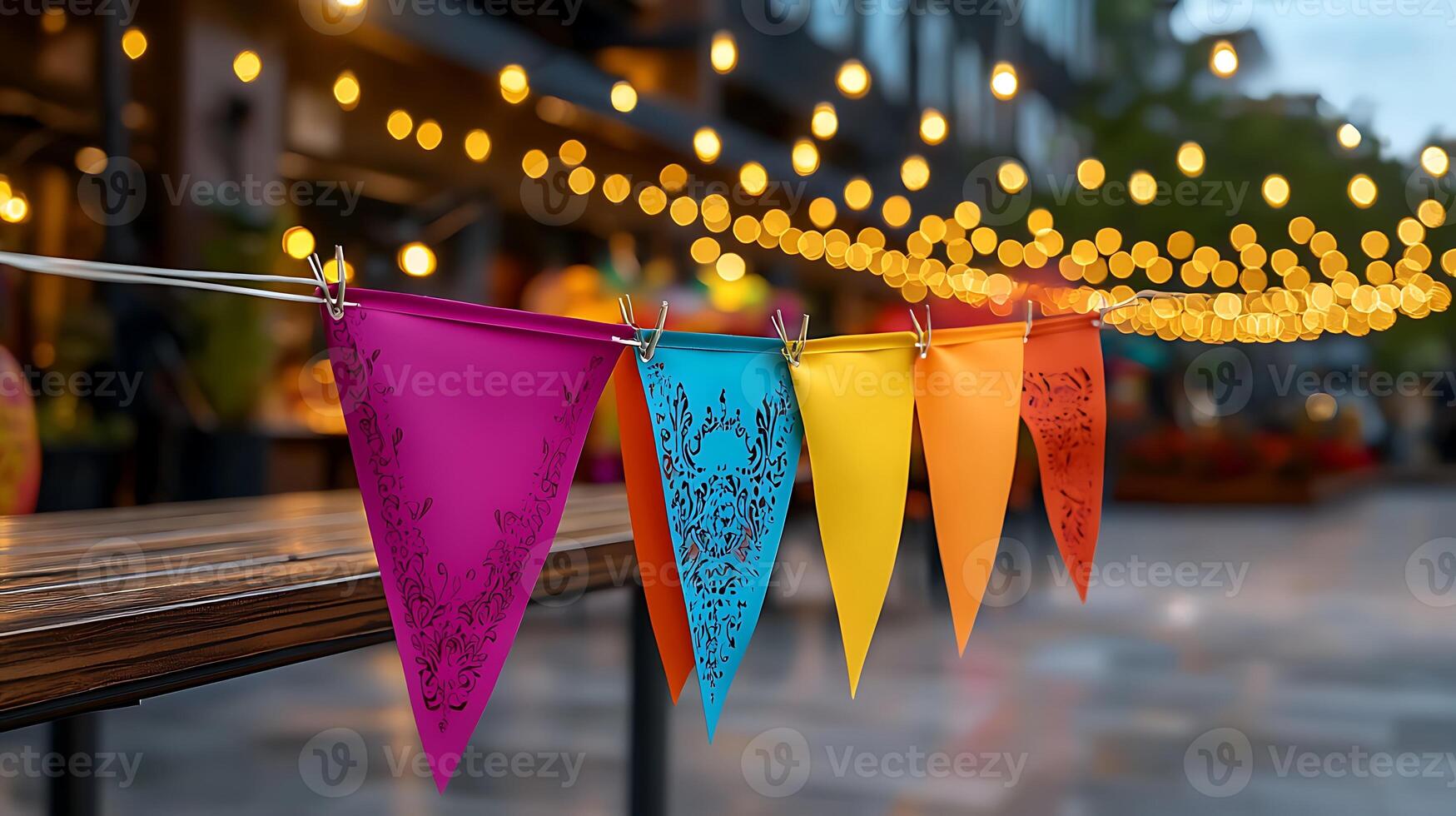 Colorful decorative flags hanging in a lively street market with glowing lights at dusk photo