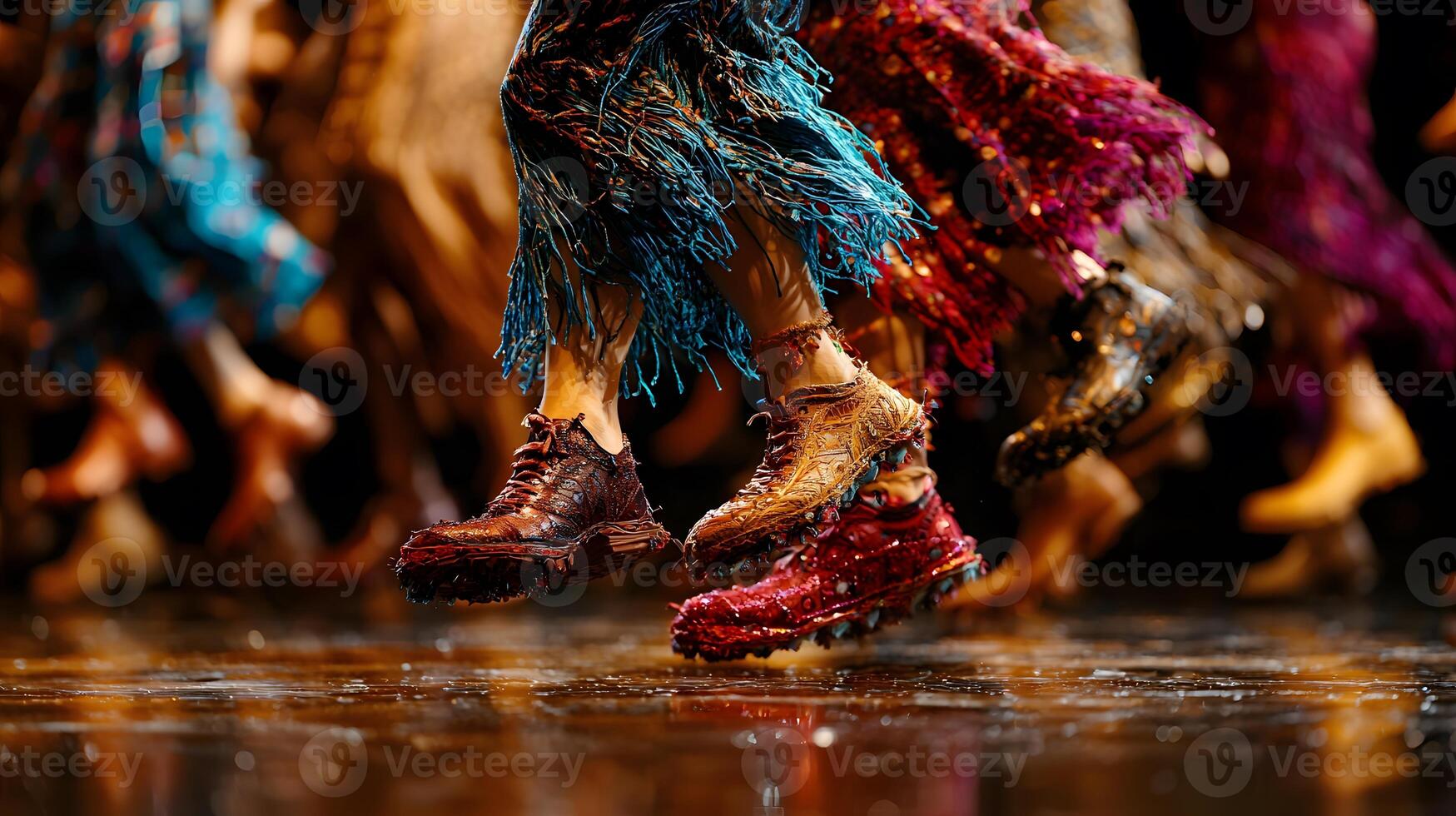 Colorful dancers performing in vibrant costumes with dynamic footwear on a reflective stage photo