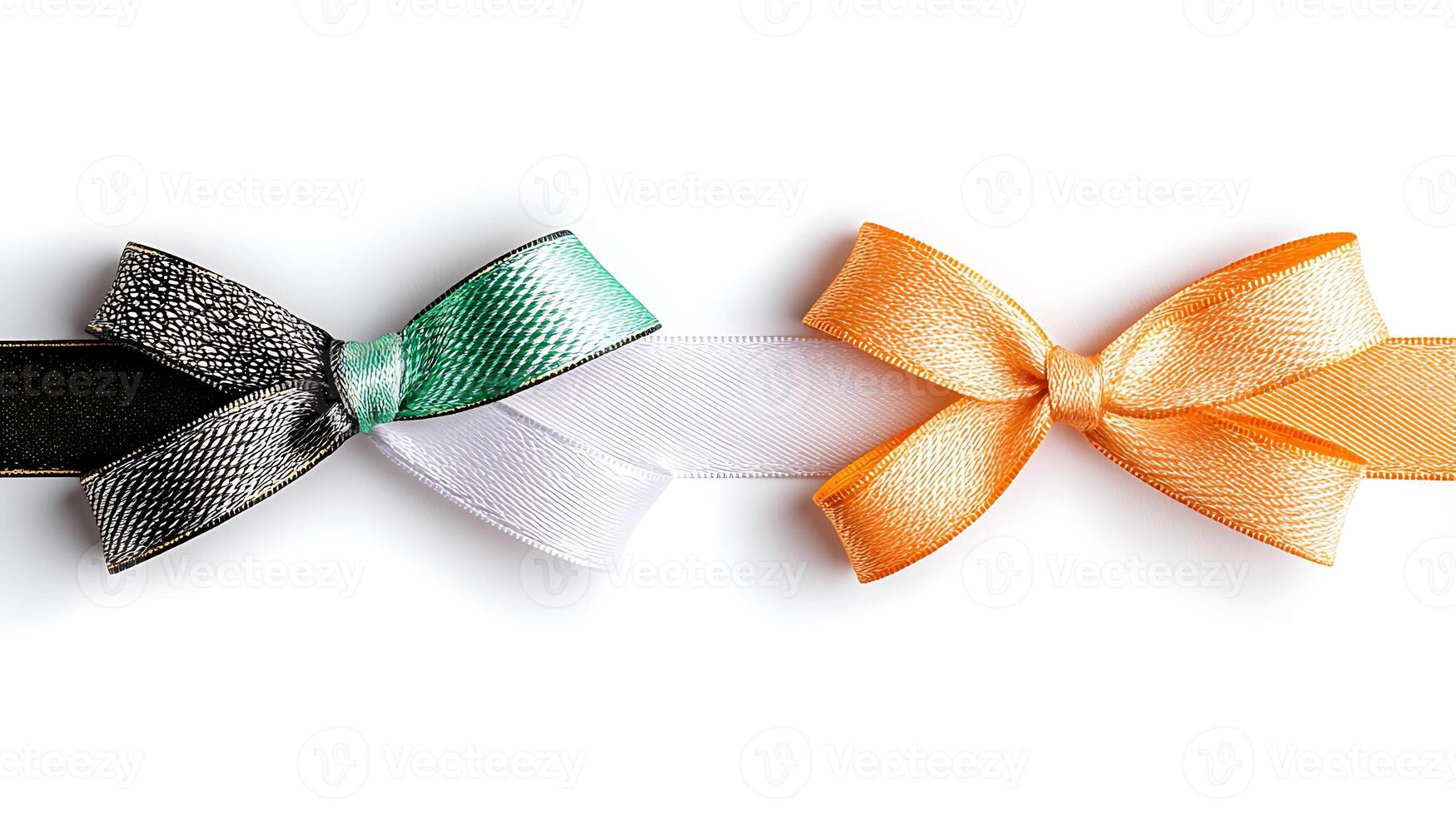Colorful decorative ribbons in black, white, green, orange, and gray arranged elegantly for gift wrapping photo