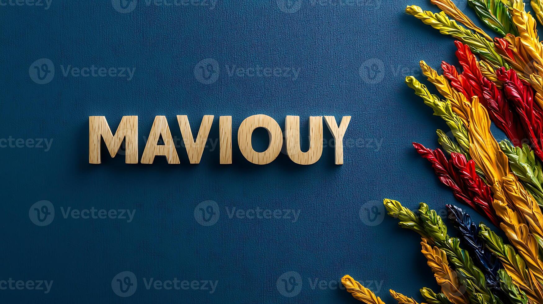 Colorful decorative elements surrounding the wooden text 'MAVIOUY' on a blue background photo