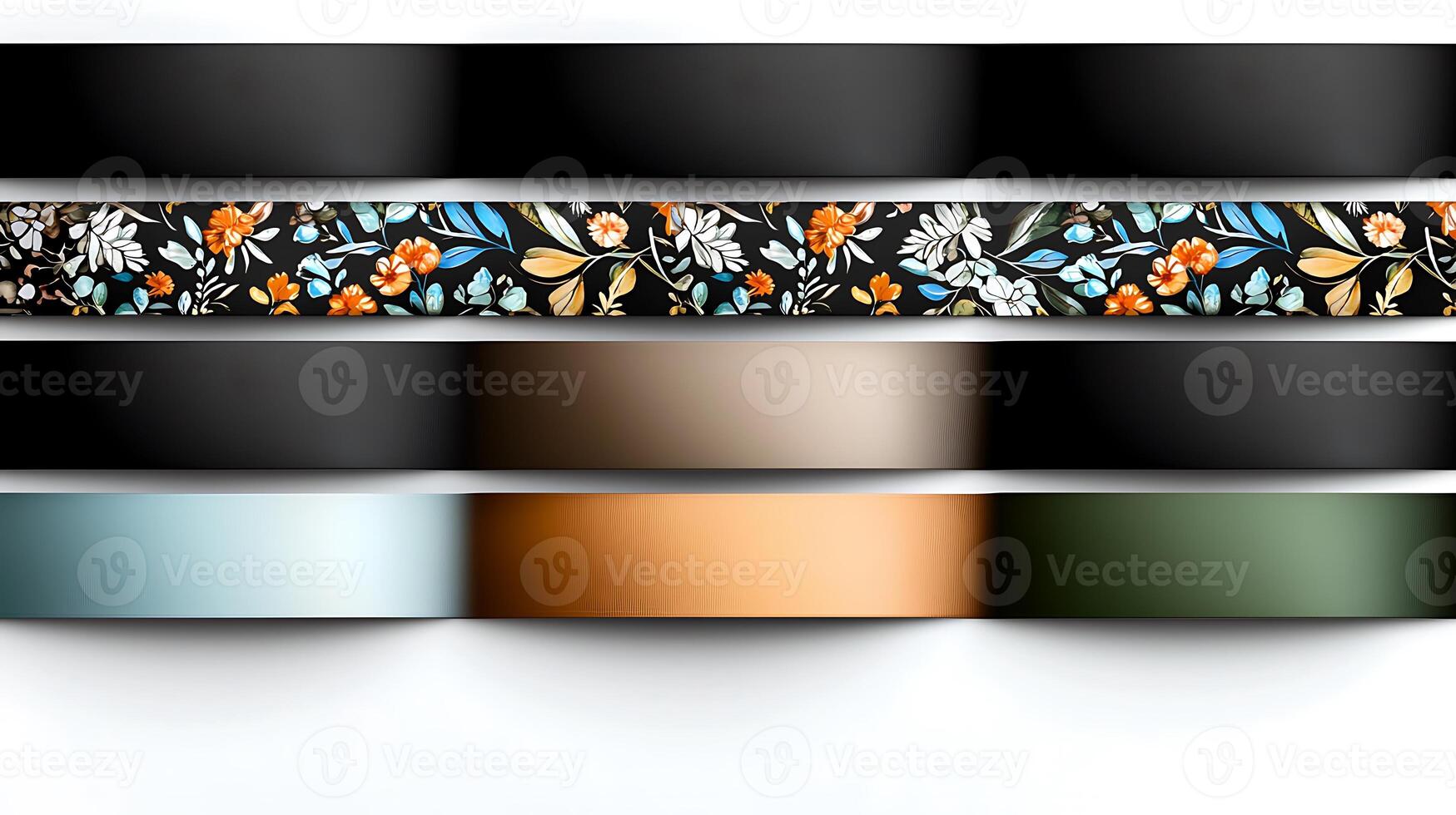 Colorful decorative ribbons arranged in layers with floral patterns and solid colors for crafting photo