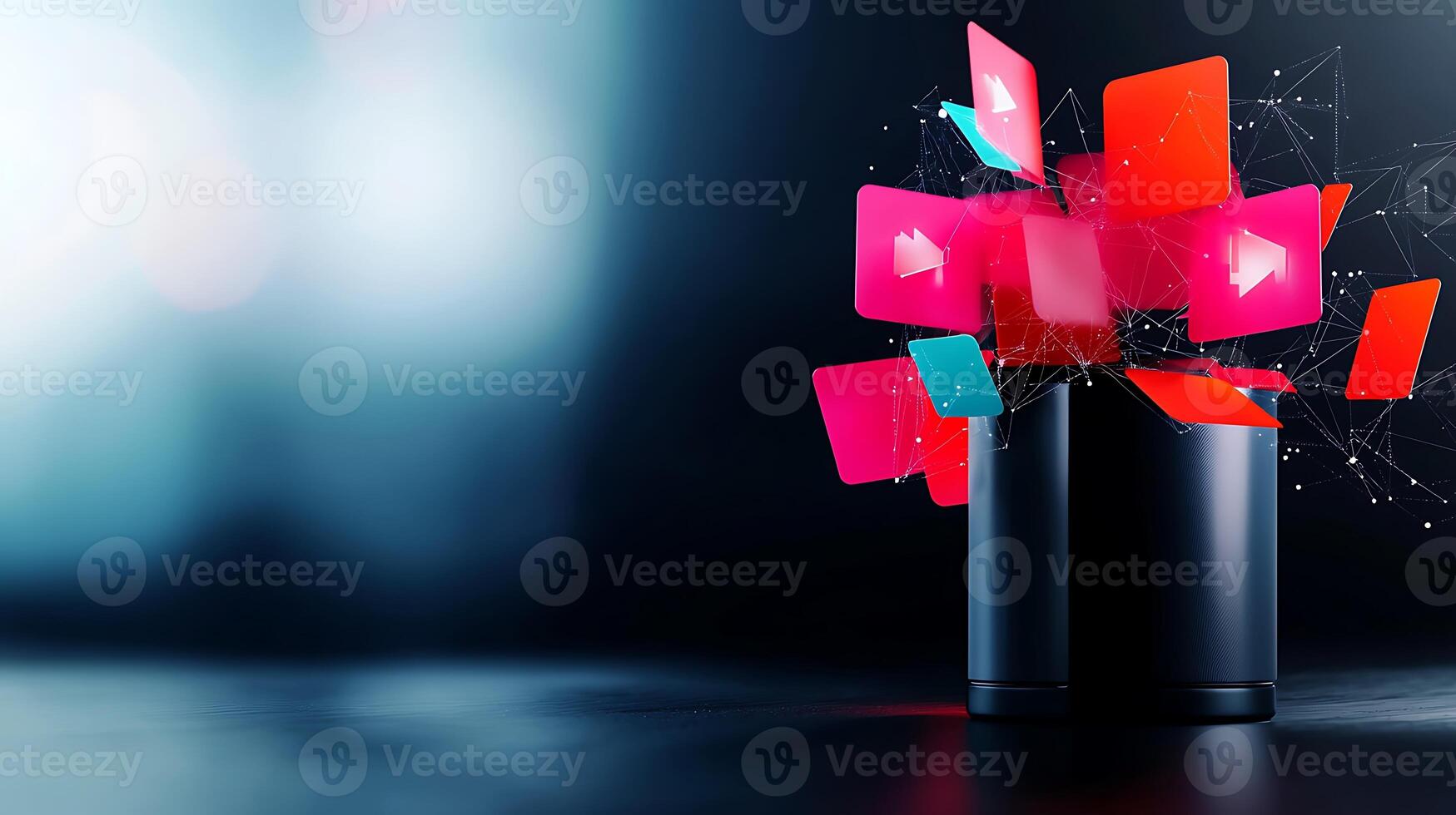 Colorful digital icons emerging from a sleek black container against a blurred background photo