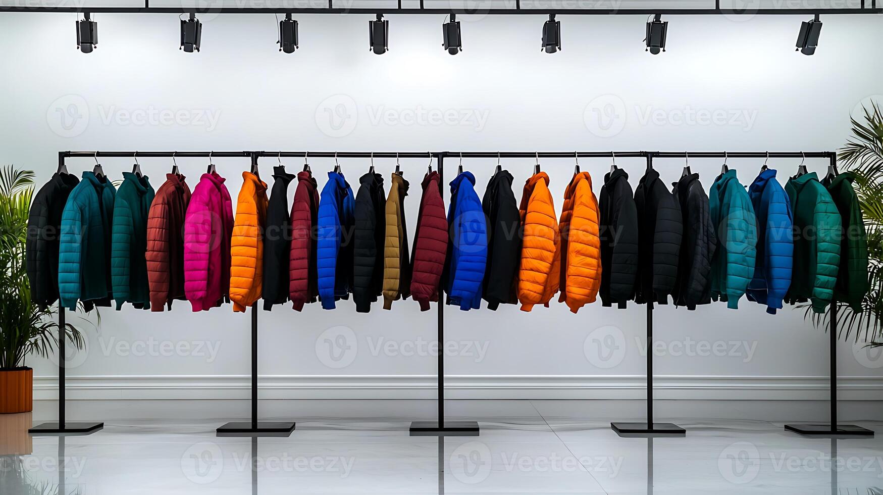 Colorful display of puffer jackets hanging in a modern retail space with bright lighting and greenery photo