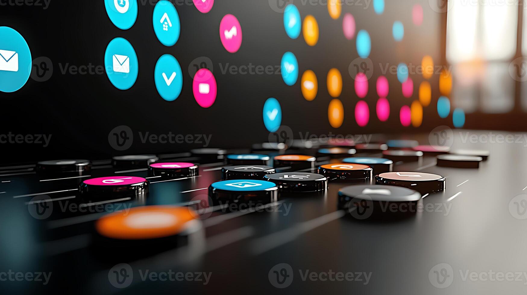 Colorful digital interface with buttons and icons, showcasing technology in a modern workspace photo