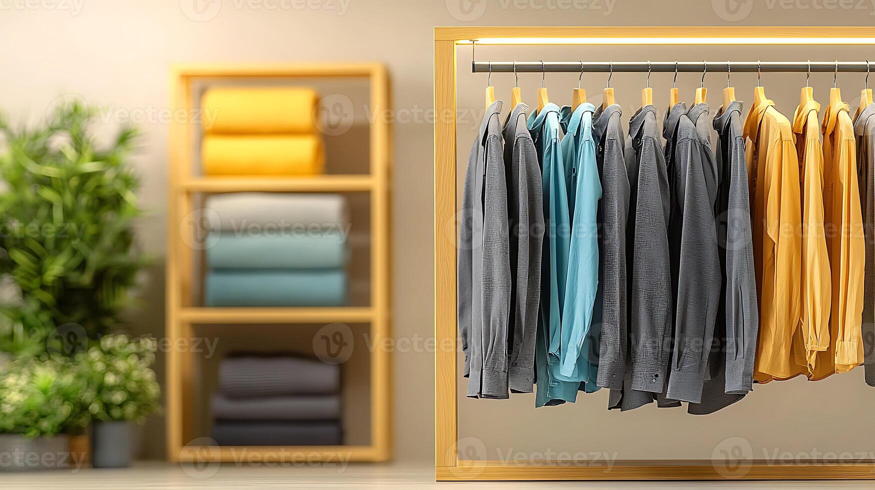 Colorful display of clothing on hangers in a modern store setting with neatly stacked towels photo