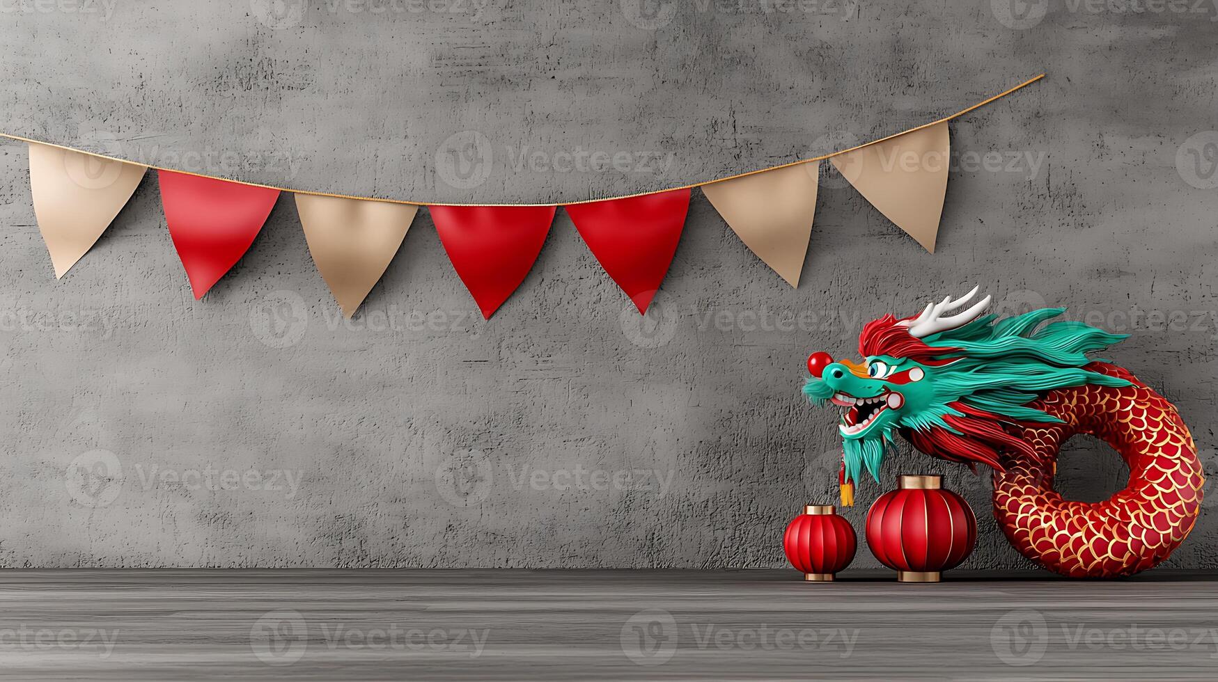 Colorful dragon decoration with lanterns and festive banners in a modern interior setting photo