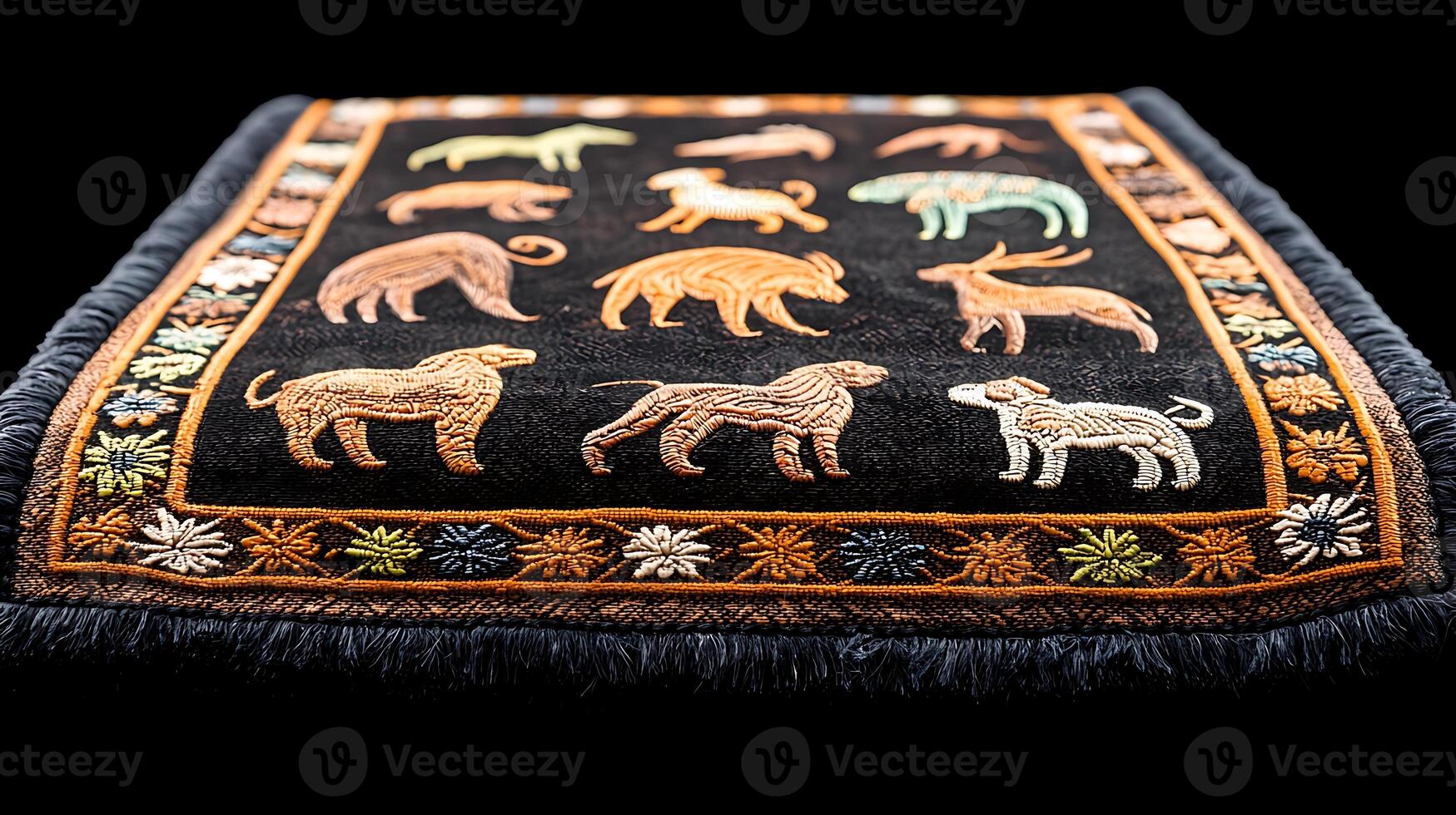 Colorful embroidered textile featuring various dog and animal designs on a dark background photo